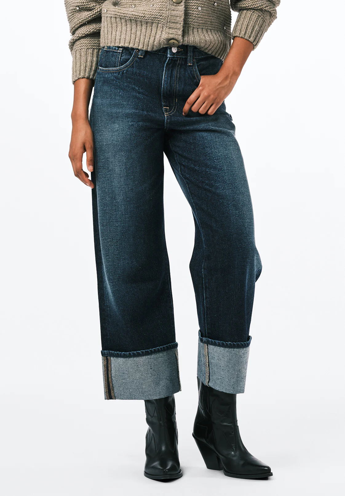 Addisson Women's High Rise Wide Leg Cropped Jeans, Dark Contrast - BL16106 - Image 2
