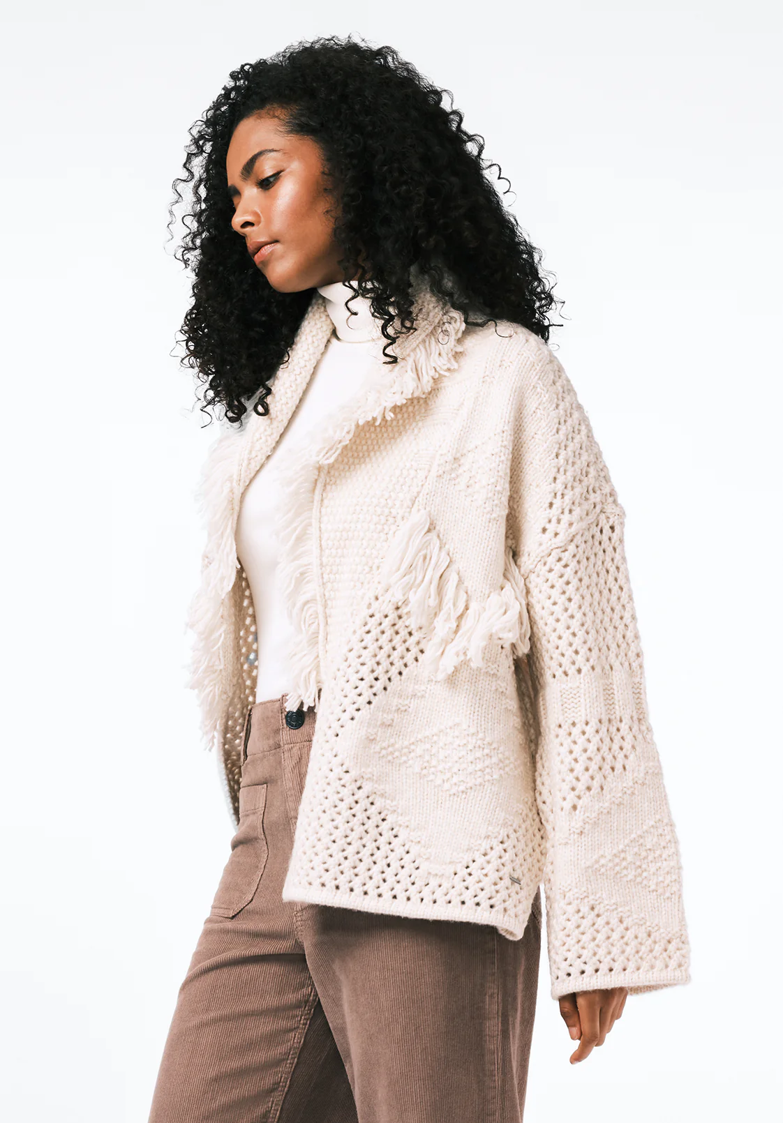 Agatha Women's Fringe Open-Knit Cardigan, Oatmeal - SW0154 - Image 3