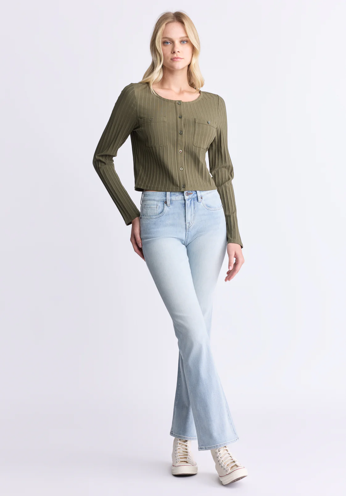 Albertina Women's Ribbed Button-Front Top, Olive - KT0205H