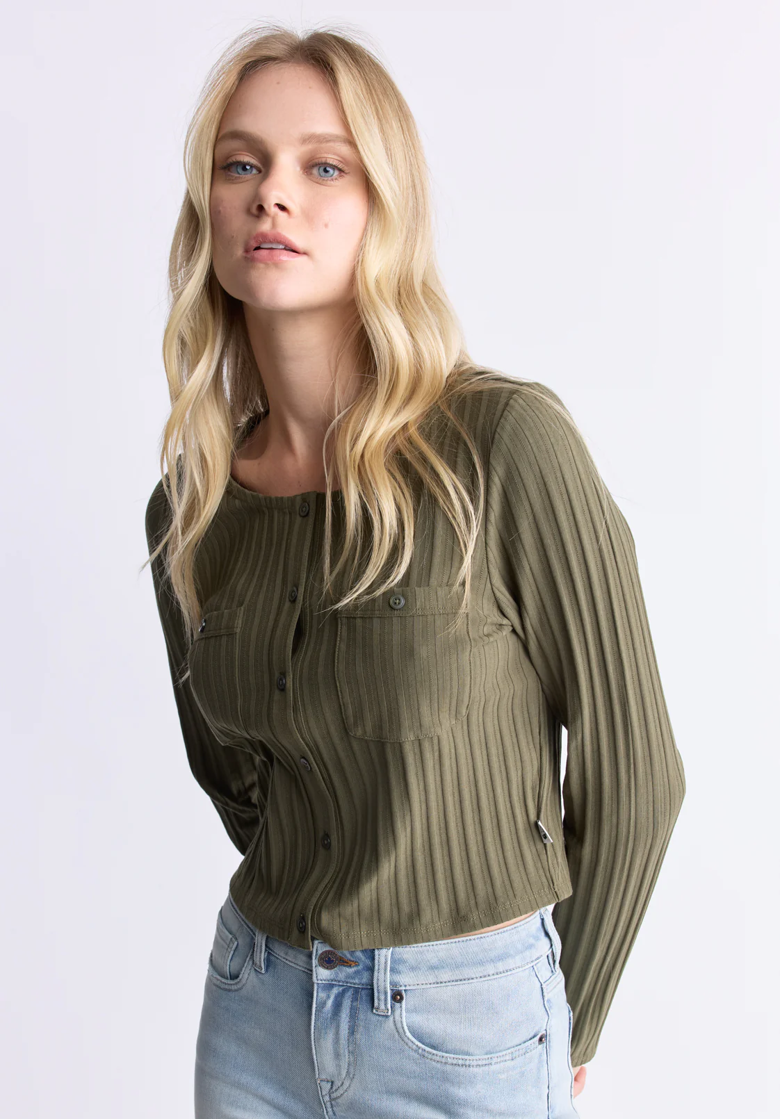 Albertina Women's Ribbed Button-Front Top, Olive - KT0205H - Image 2