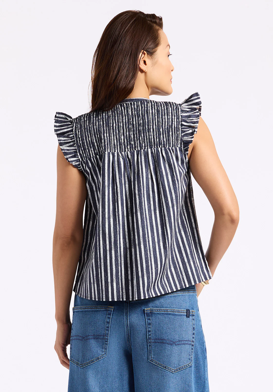Alda Women's Flutter Sleeve Striped Blouse, Mood Indigo - WT0157P - Image 4