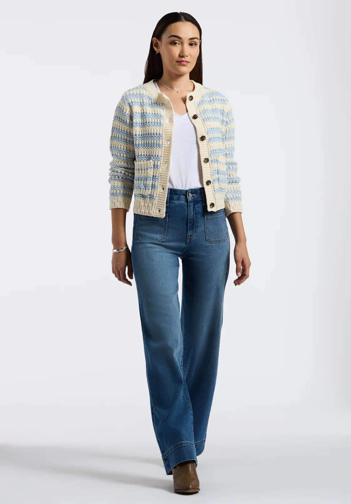 Amaranth Women's Striped Open Knit Cardigan, Cloud - SW0113P