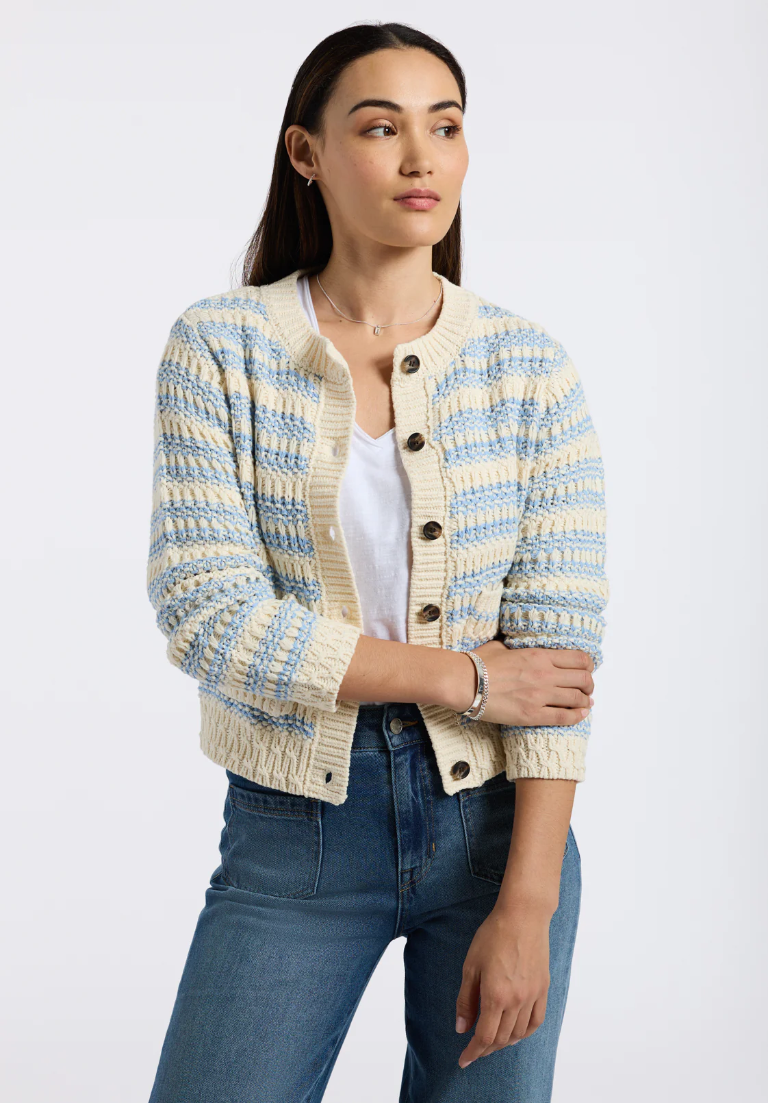 Amaranth Women's Striped Open Knit Cardigan, Cloud - SW0113P - Image 2