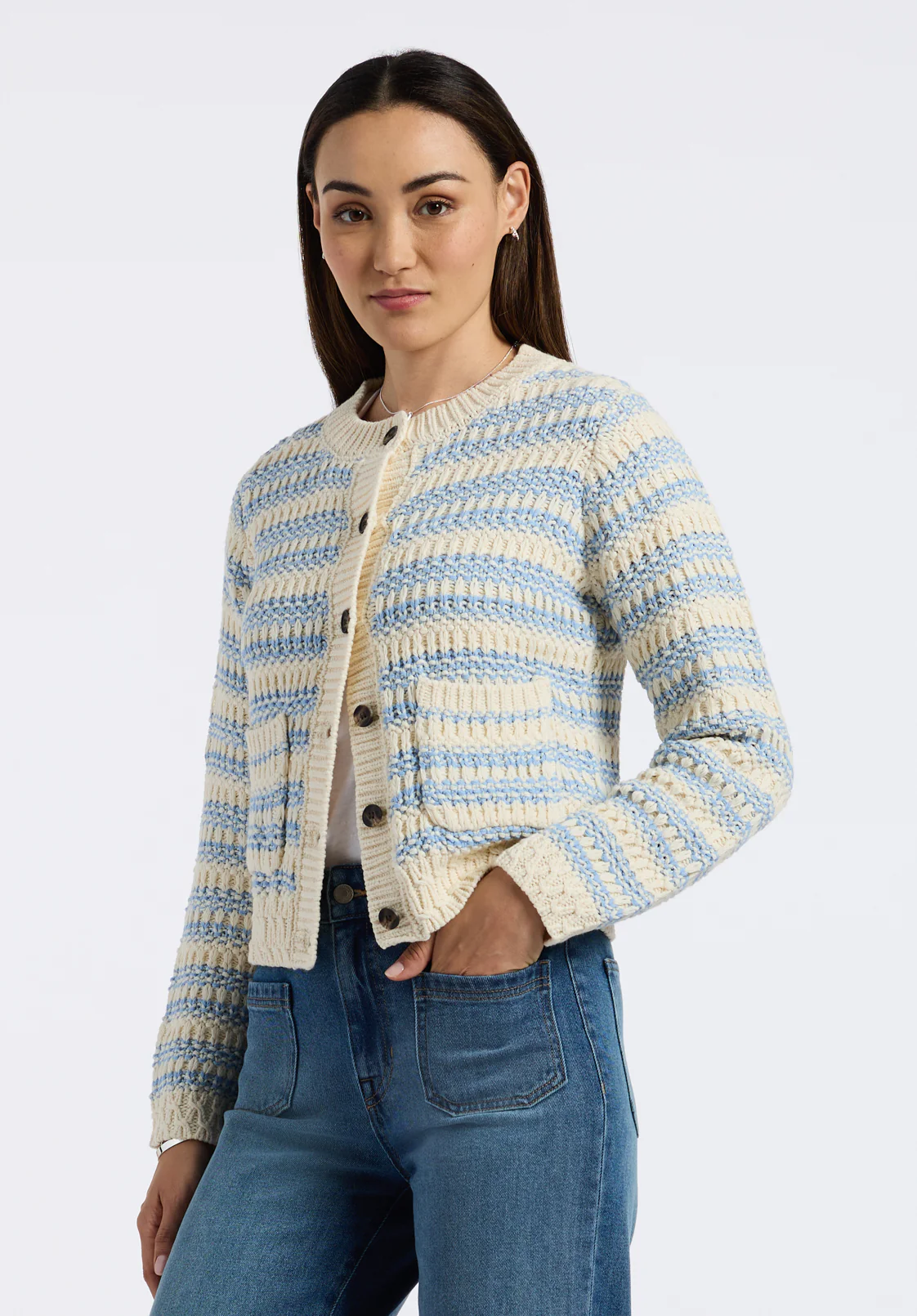 Amaranth Women's Striped Open Knit Cardigan, Cloud - SW0113P - Image 4