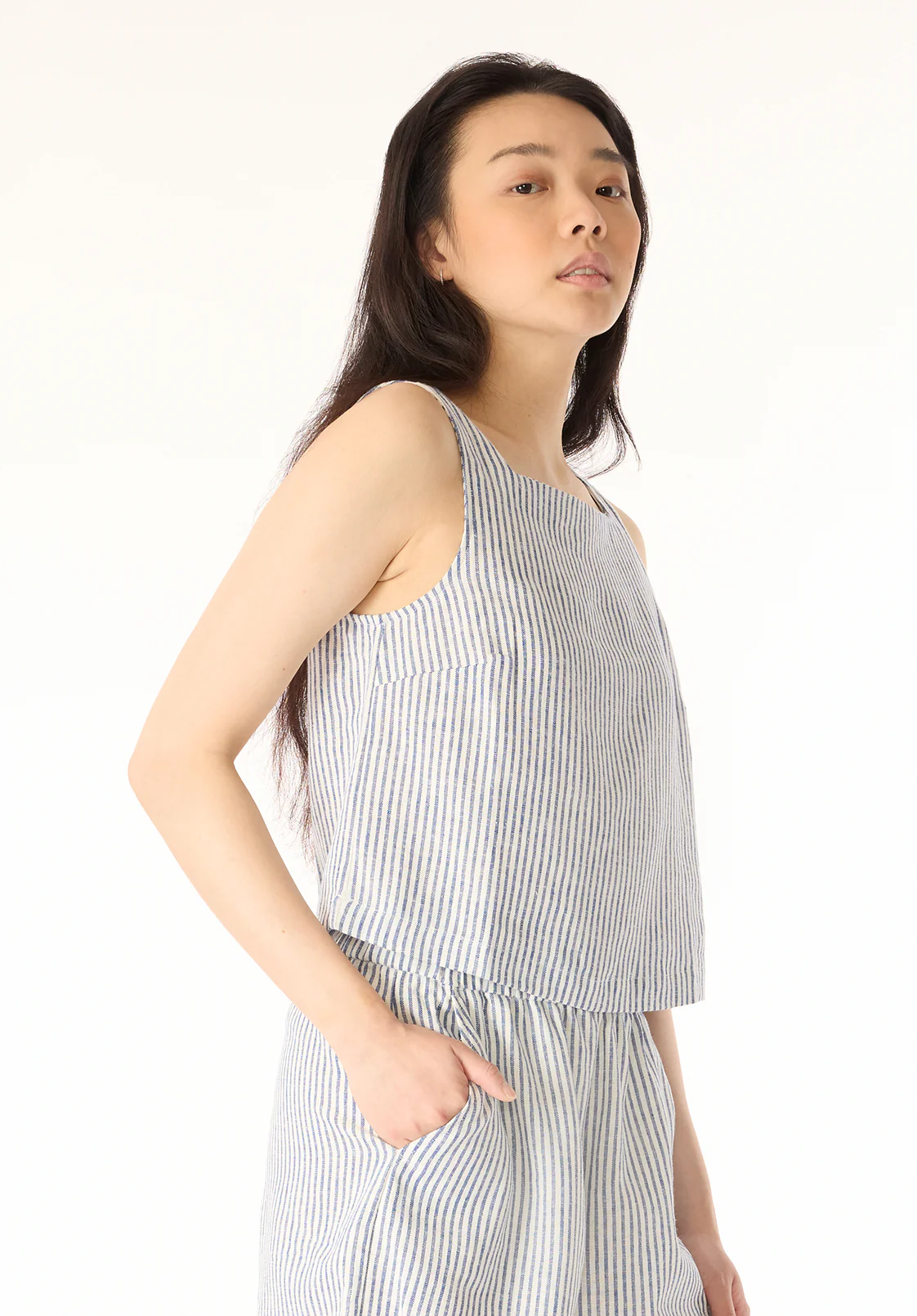 Benedita Women's Sleeveless Striped Linen Top, Navy - WT0198P - Image 3