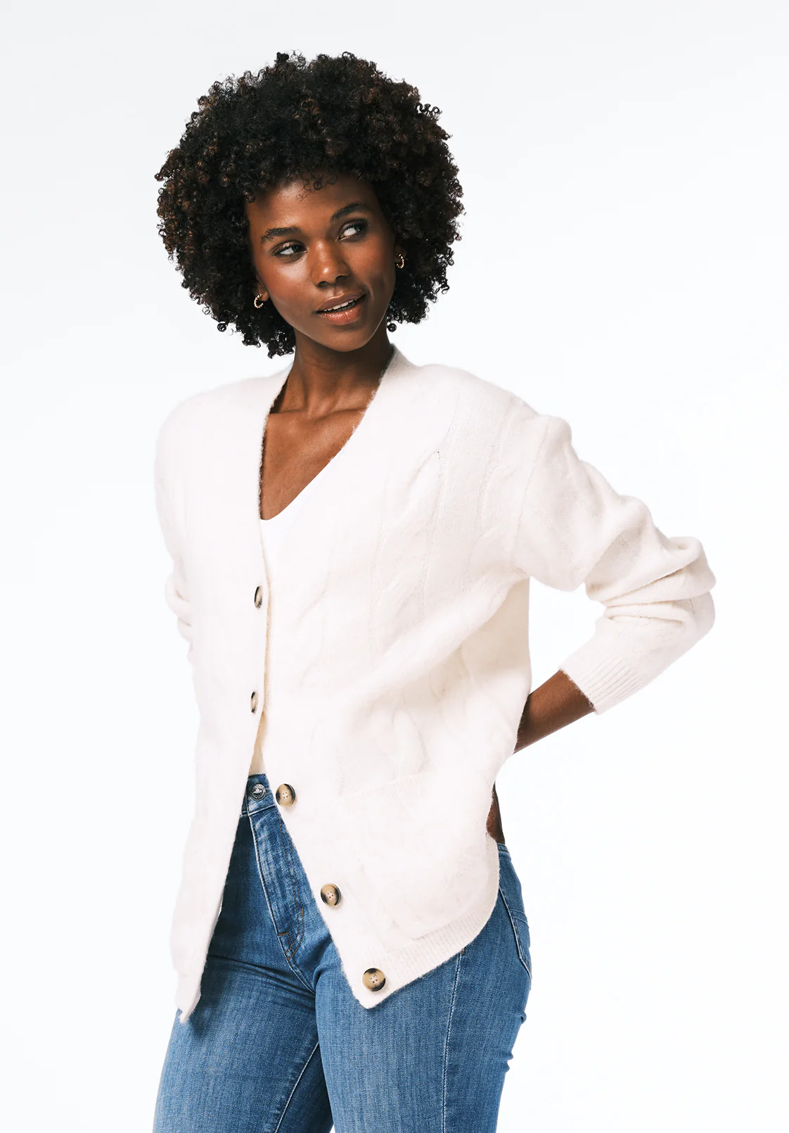 Calynda Women's Cable Knit Button-Up Cardigan, Marshmallow - SW0144 - Image 3
