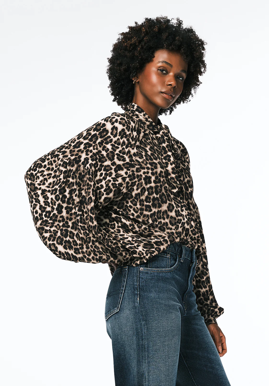 Carissa Women's Puff Sleeve Leopard Print Tie Neck Blouse, Leopard - WT0207 - Image 3