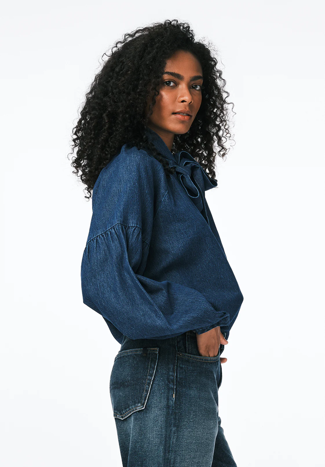 Carissa Women's Puff Sleeve Tie Neck Denim Shirt, Dark Denim - WT0208 - Image 3