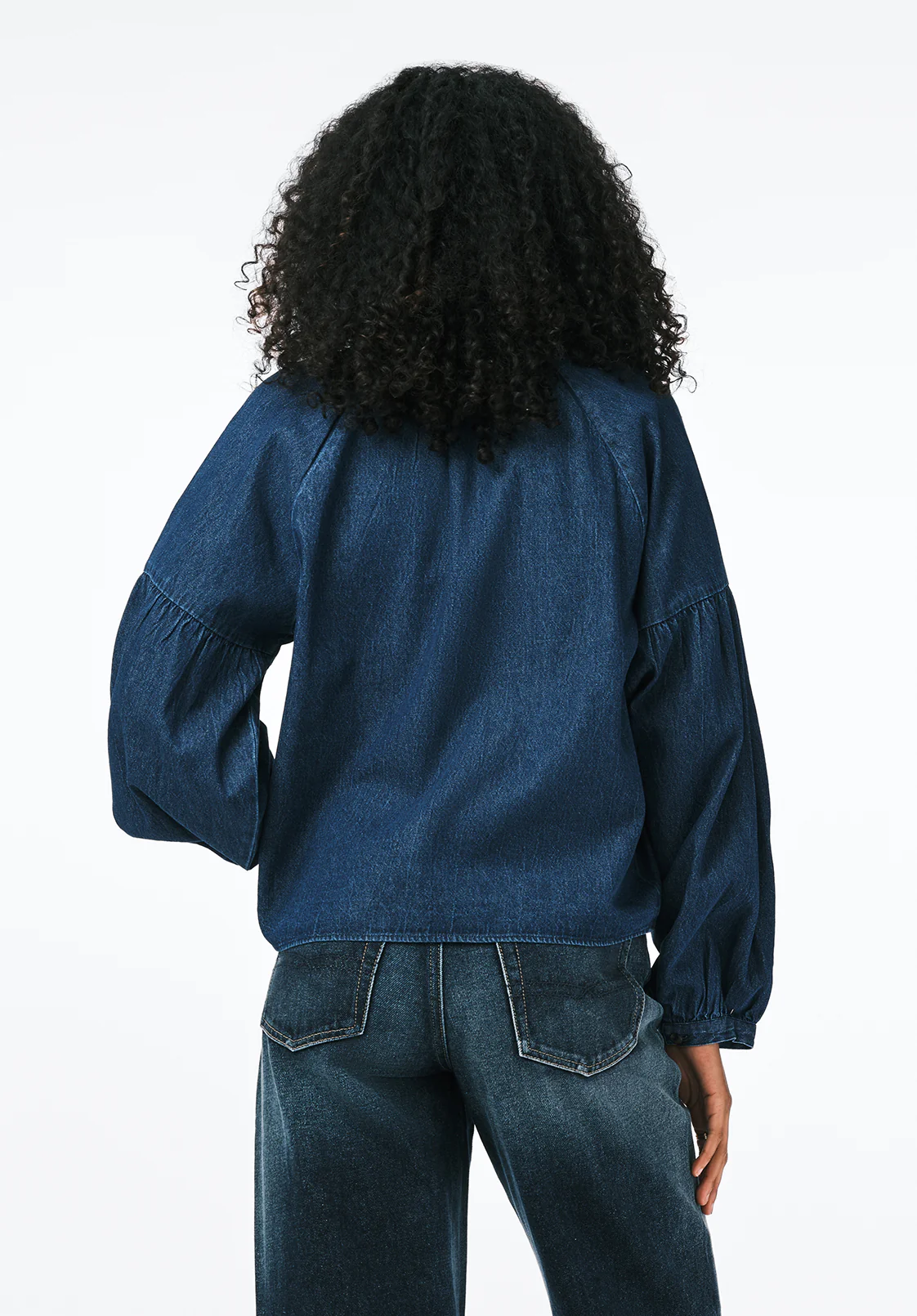 Carissa Women's Puff Sleeve Tie Neck Denim Shirt, Dark Denim - WT0208 - Image 4