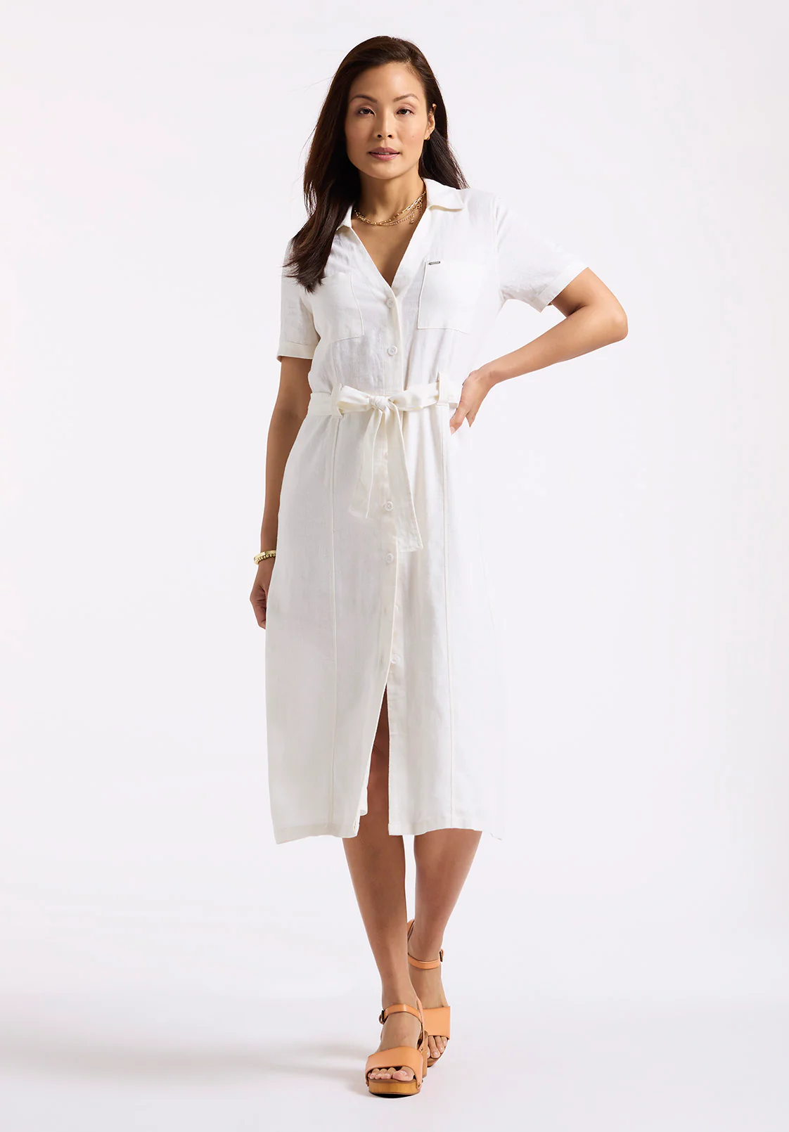 Carlene Women's Short Sleeve Belted Button Front Midi Dress, Blanc - WD0092P