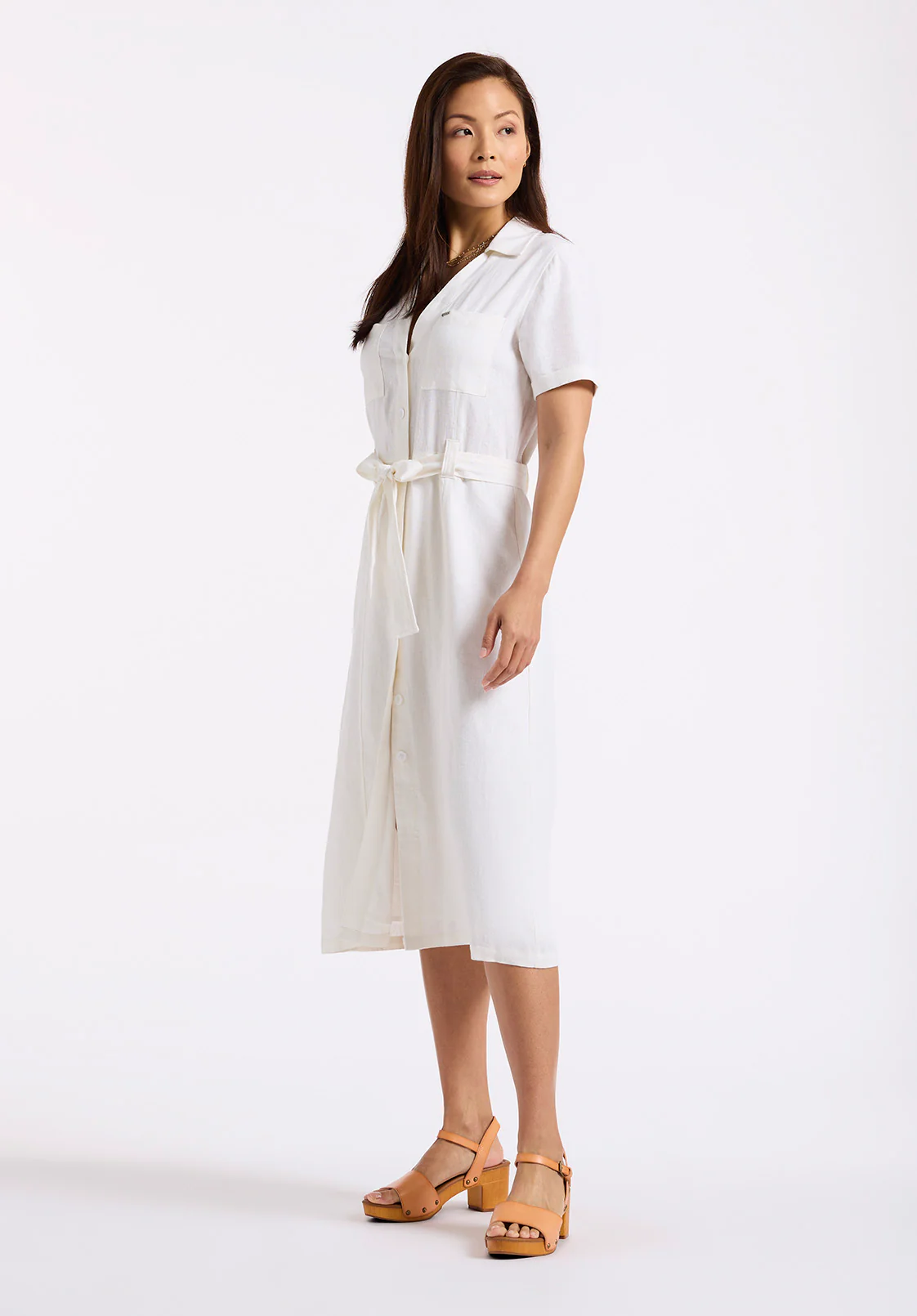 Carlene Women's Short Sleeve Belted Button Front Midi Dress, Blanc - WD0092P - Image 2