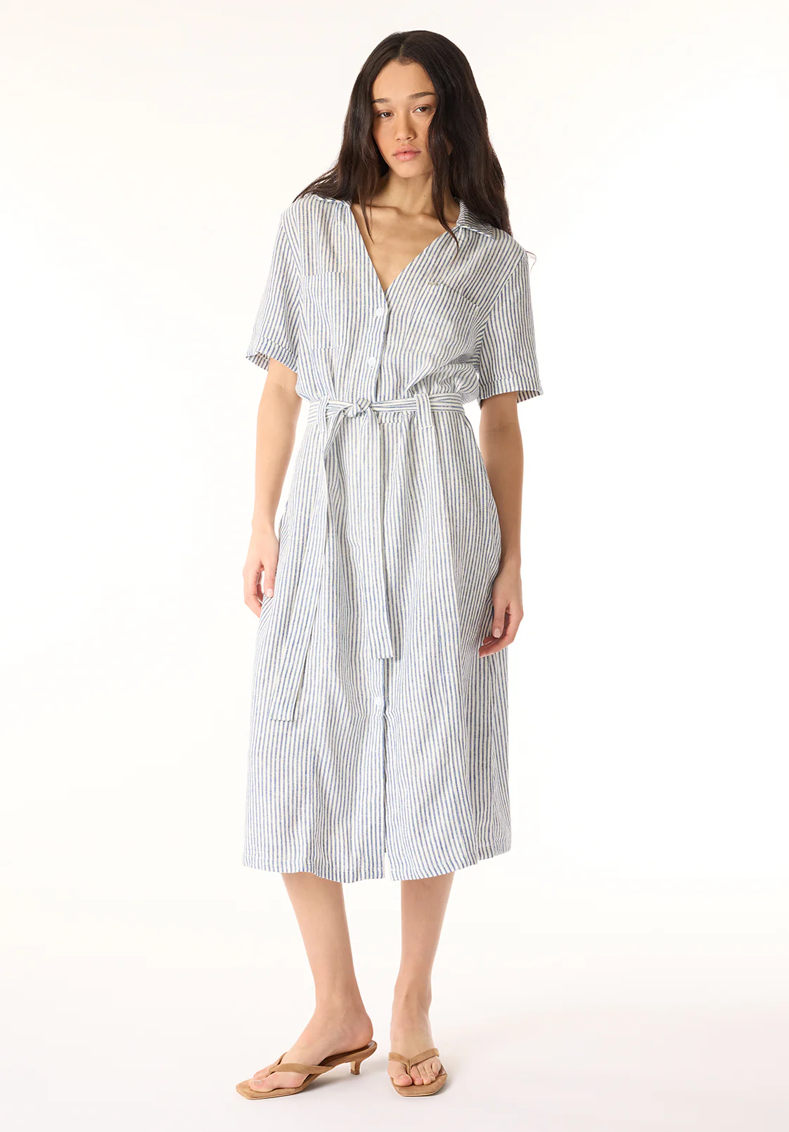 Carlene Women's Short Sleeve Belted Button Front Striped Midi Dress, Navy - WD0105P