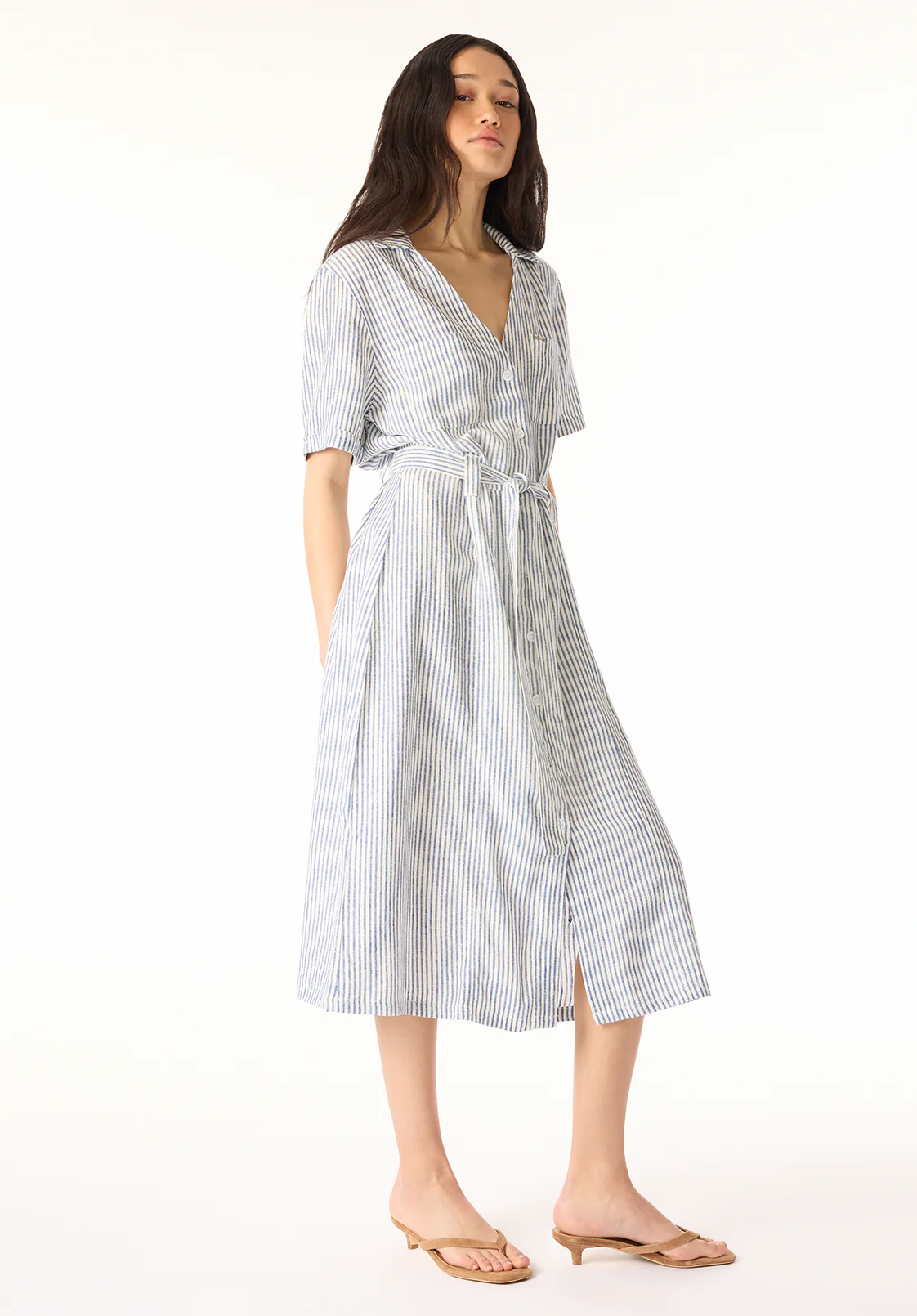 Carlene Women's Short Sleeve Belted Button Front Striped Midi Dress, Navy - WD0105P - Image 2
