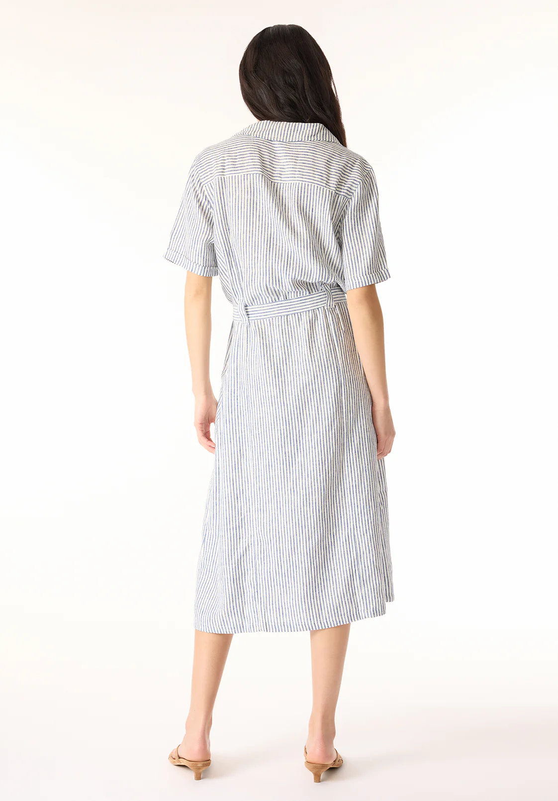 Carlene Women's Short Sleeve Belted Button Front Striped Midi Dress, Navy - WD0105P - Image 3