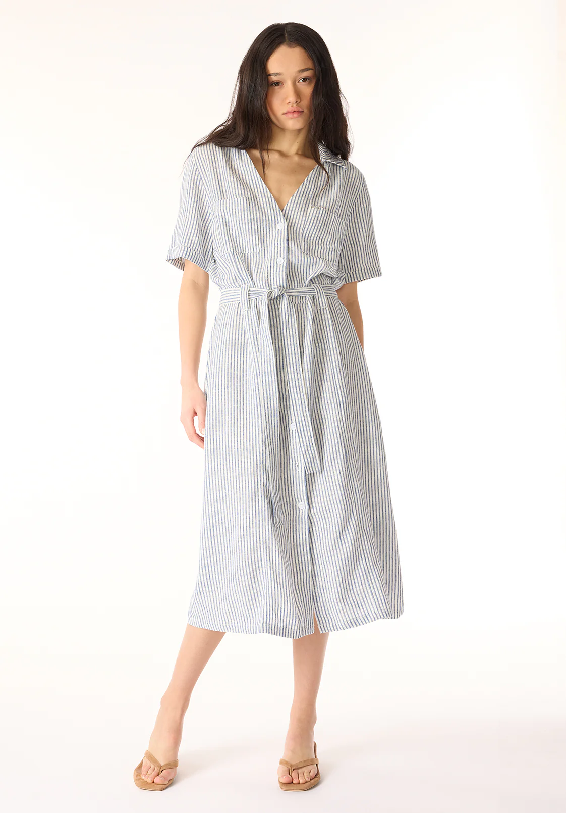 Carlene Women's Short Sleeve Belted Button Front Striped Midi Dress, Navy - WD0105P - Image 4