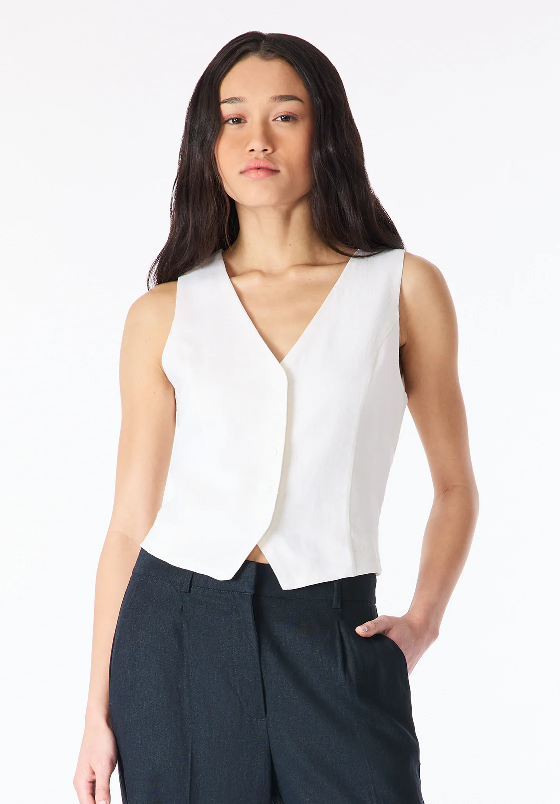 Coraline Women's Linen Button-Up Vest, Blanc - WT0173P - Image 2