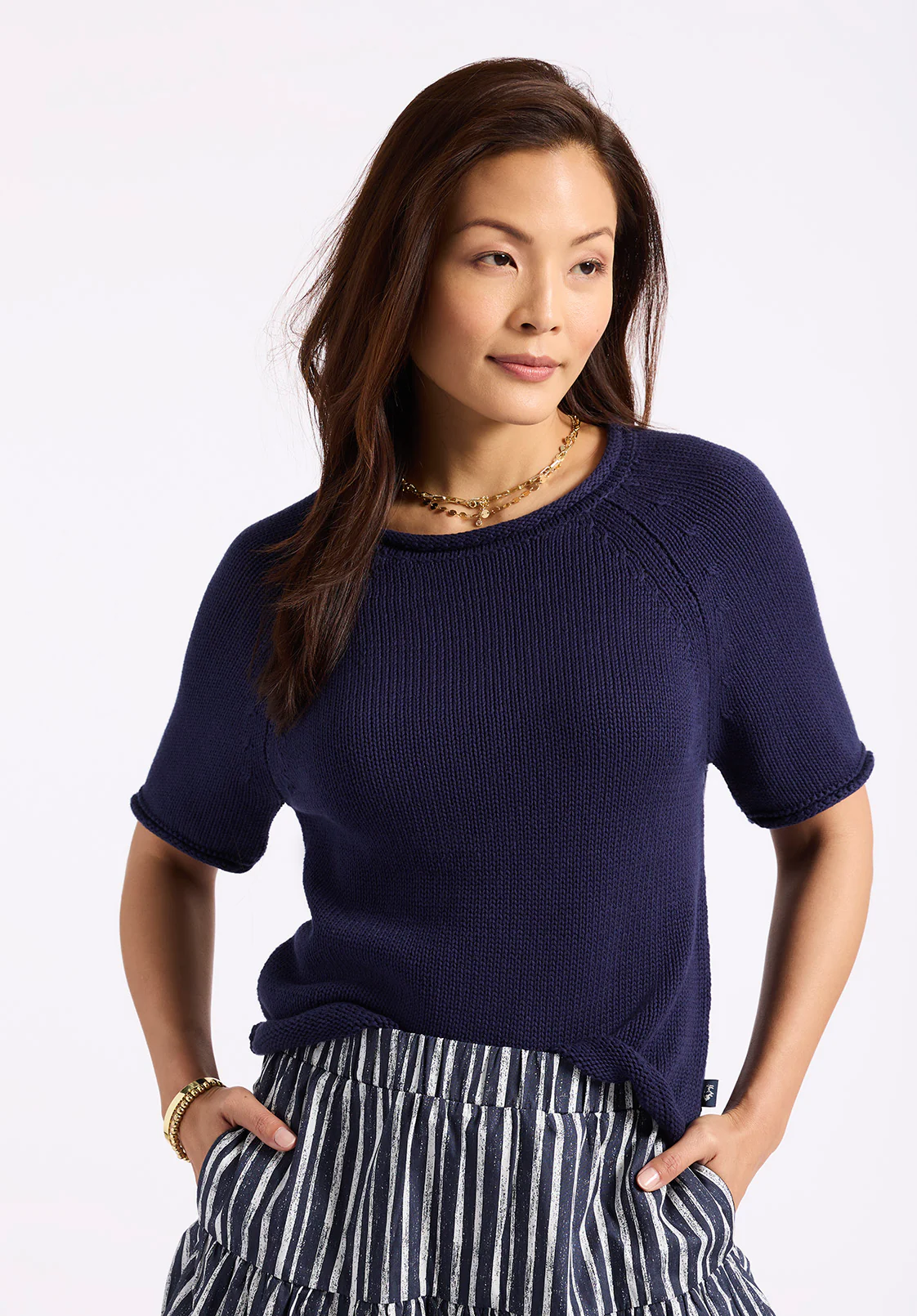 Devora Women’s Short-Sleeve Sweater, Navy - SW0115P - Image 2