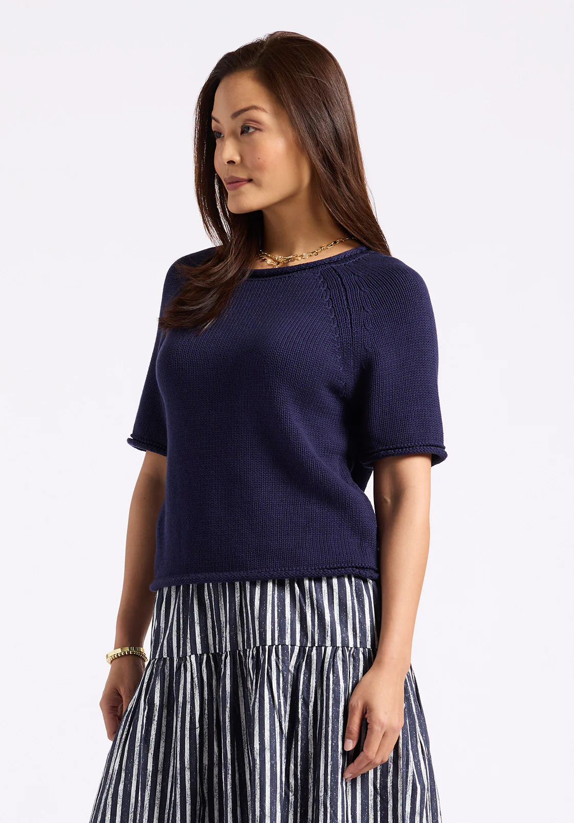 Devora Women’s Short-Sleeve Sweater, Navy - SW0115P - Image 3
