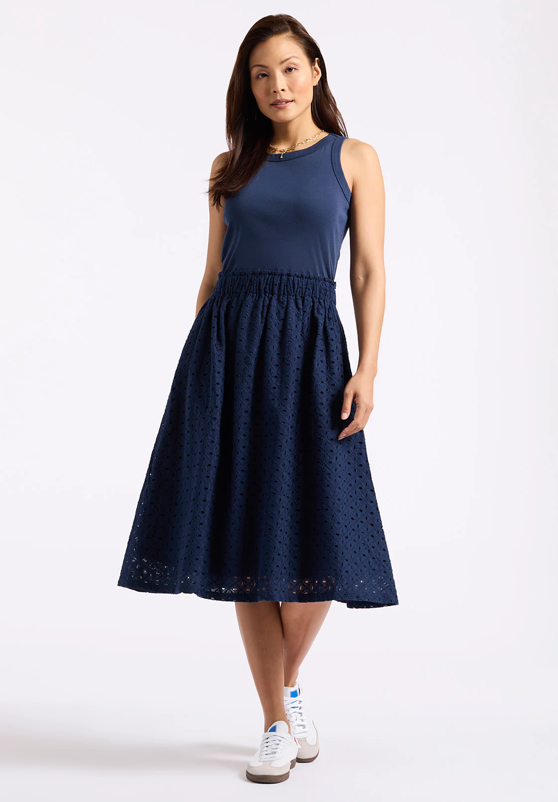 Drea Women's Sleeveless Eyelet Tank Dress, Navy - WD0067P