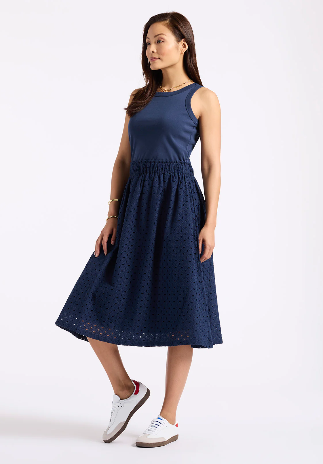 Drea Women's Sleeveless Eyelet Tank Dress, Navy - WD0067P - Image 2