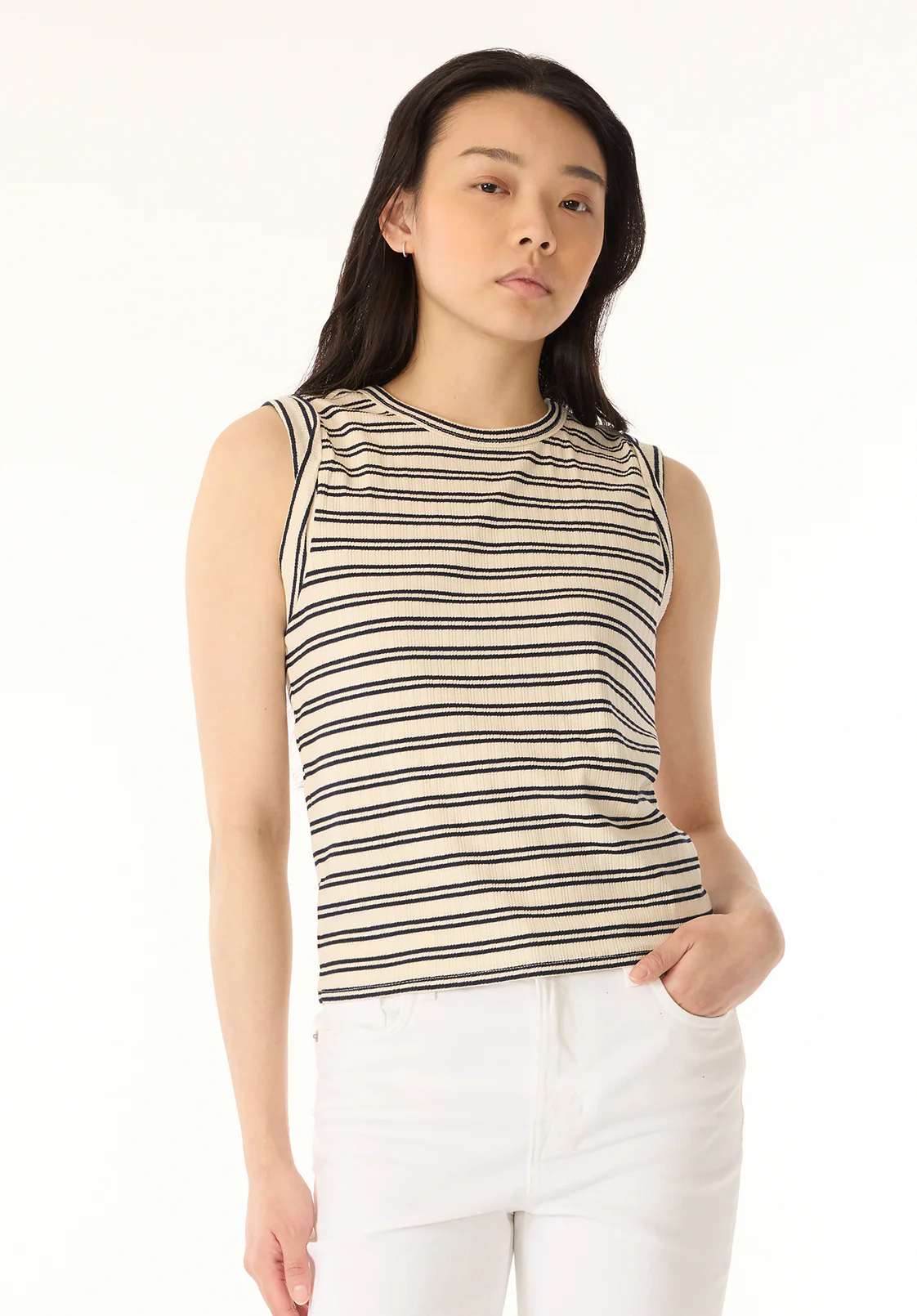 Elayne Women’s Sleeveless Striped Top, Marshmallow - KT0180P - Image 2