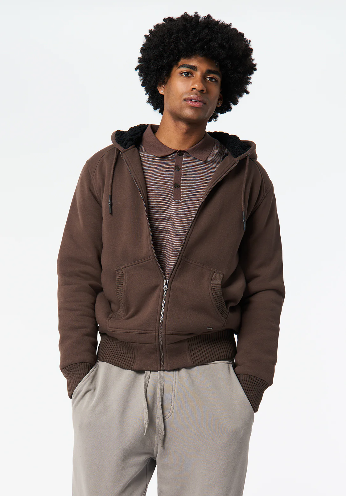 Fasox Men's Sherpa Lined Full-Zip Hoodie, Chocolate Brown - BM24735 - Image 3
