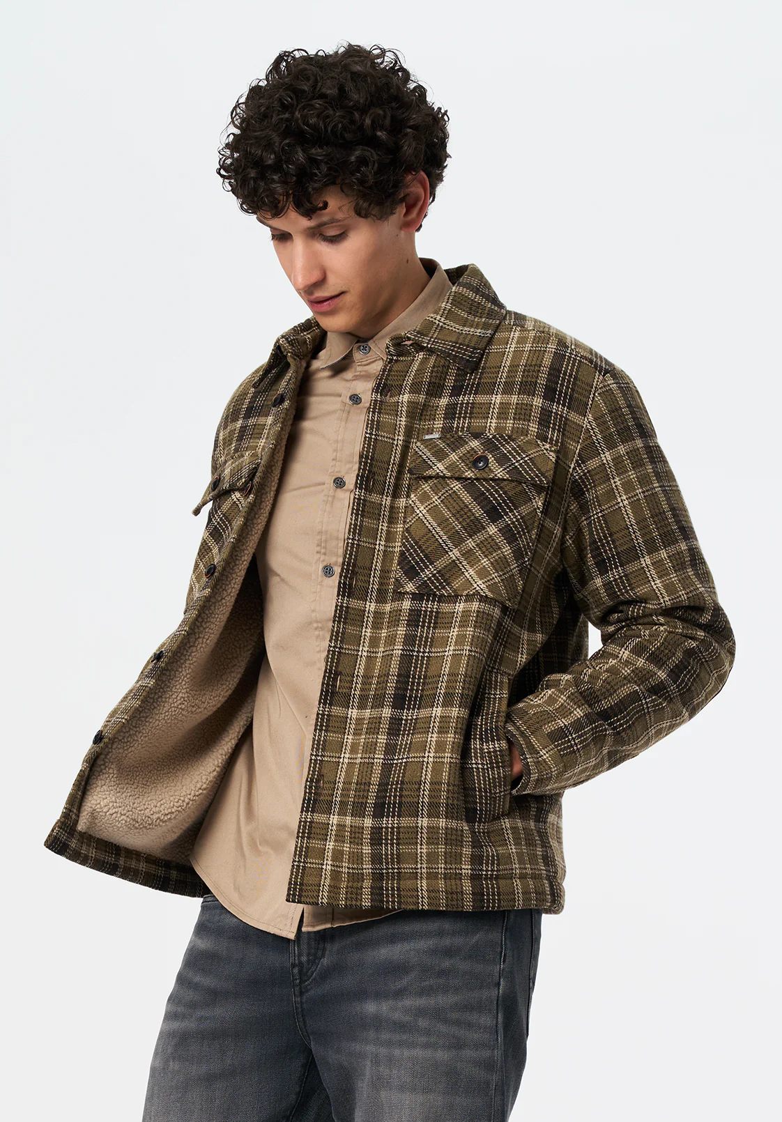 Jaceko Men's Sherpa Lined Plaid Shacket, Fern - BM24745 - Image 3