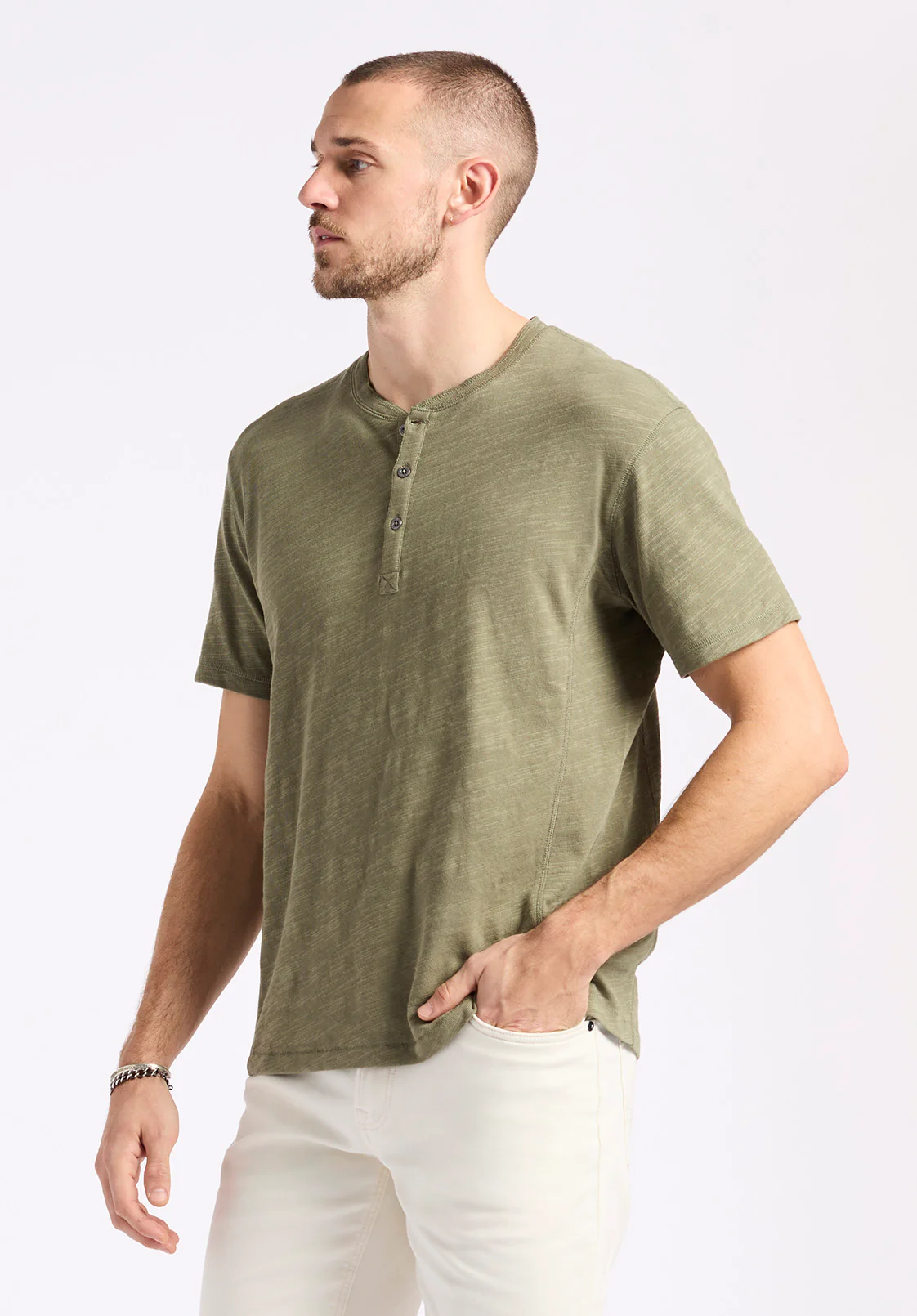 Kandido Men's Short Sleeve Slub Knit Henley, Army Green - BM24605 - Image 3