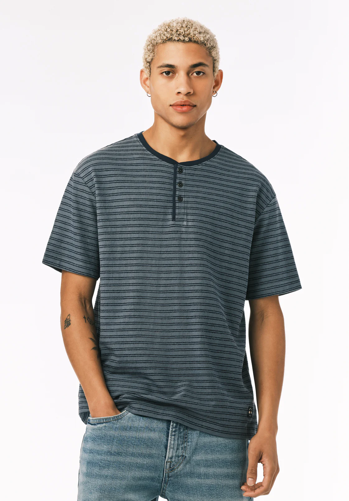 Kandido Men's Short Sleeve Striped Henley, Mirage - BM24805 - Image 2