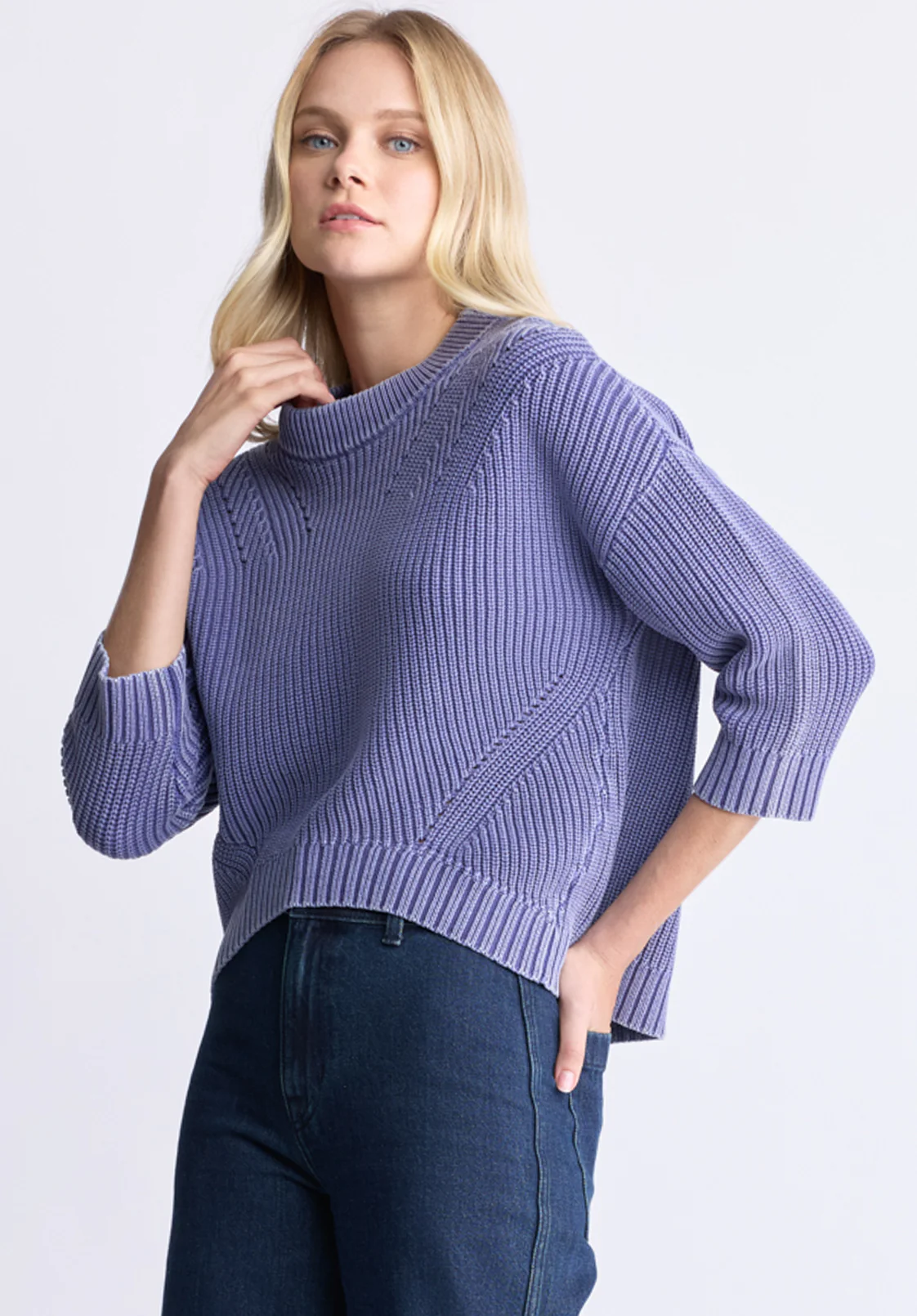 Kassandra Women's 3/4 Sleeve Pointelle Stitch Sweater, Skipper Blue - SW0100H - Image 3