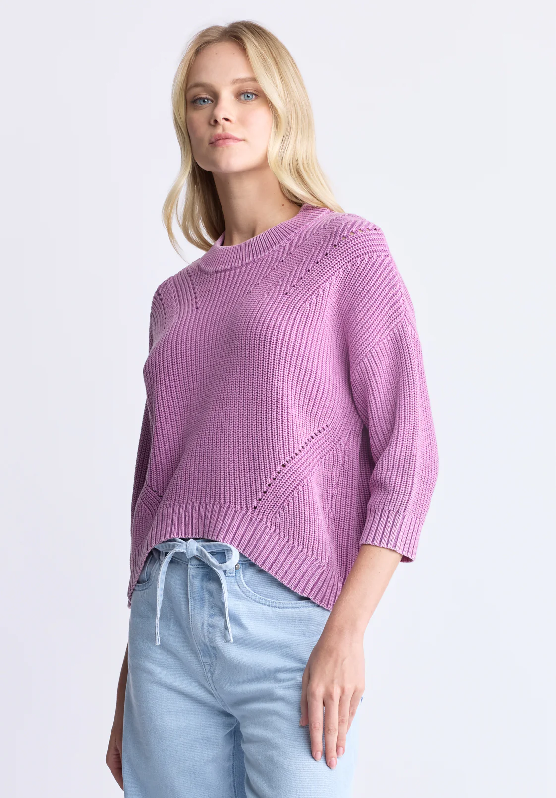 Kassandra Women's 3/4 Sleeve Pointelle Stitch Sweater, Brt Purple - SW0100H - Image 3