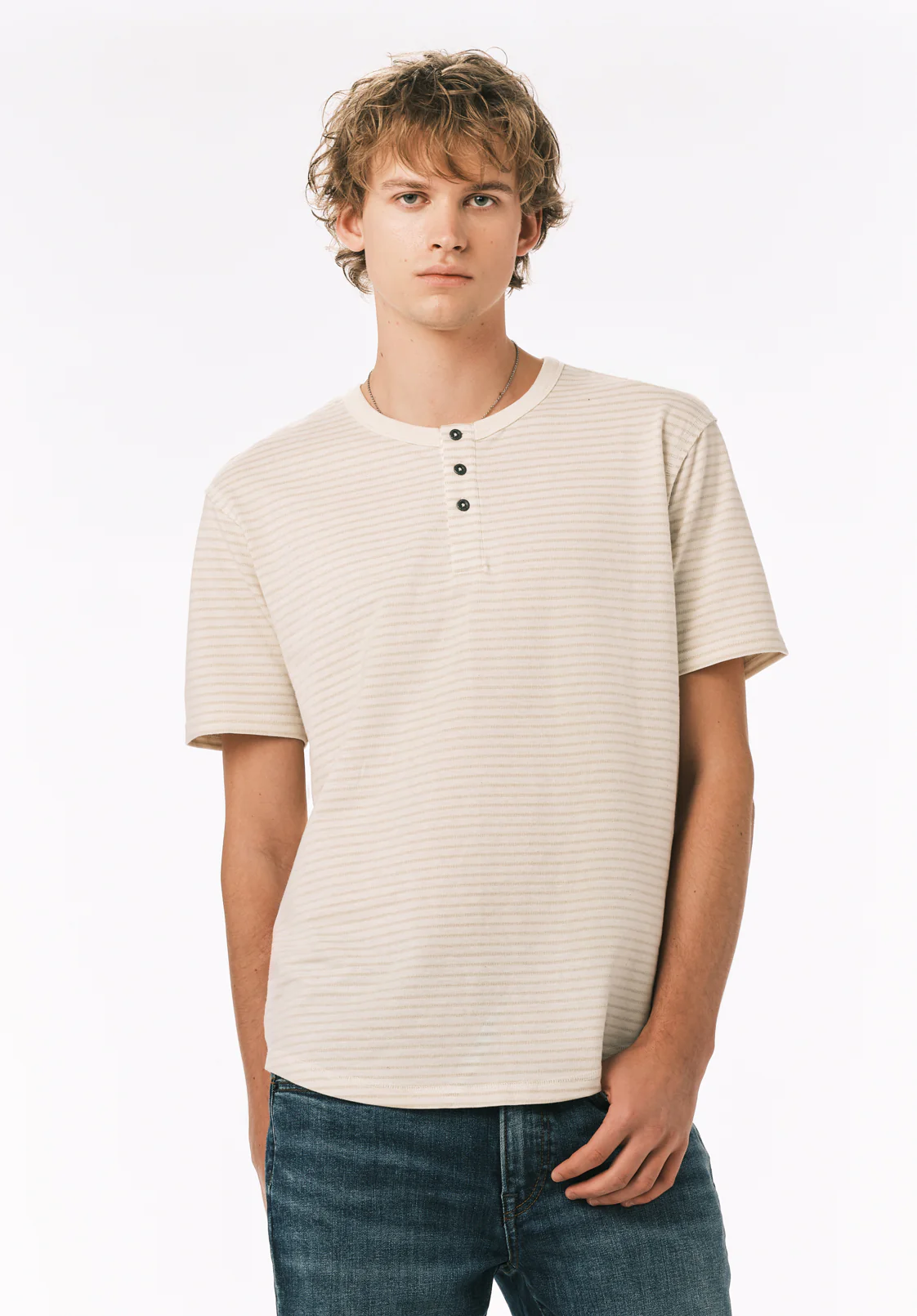 Kehlani Men's Short Sleeve Striped Henley, Milk - BM24760 - Image 2