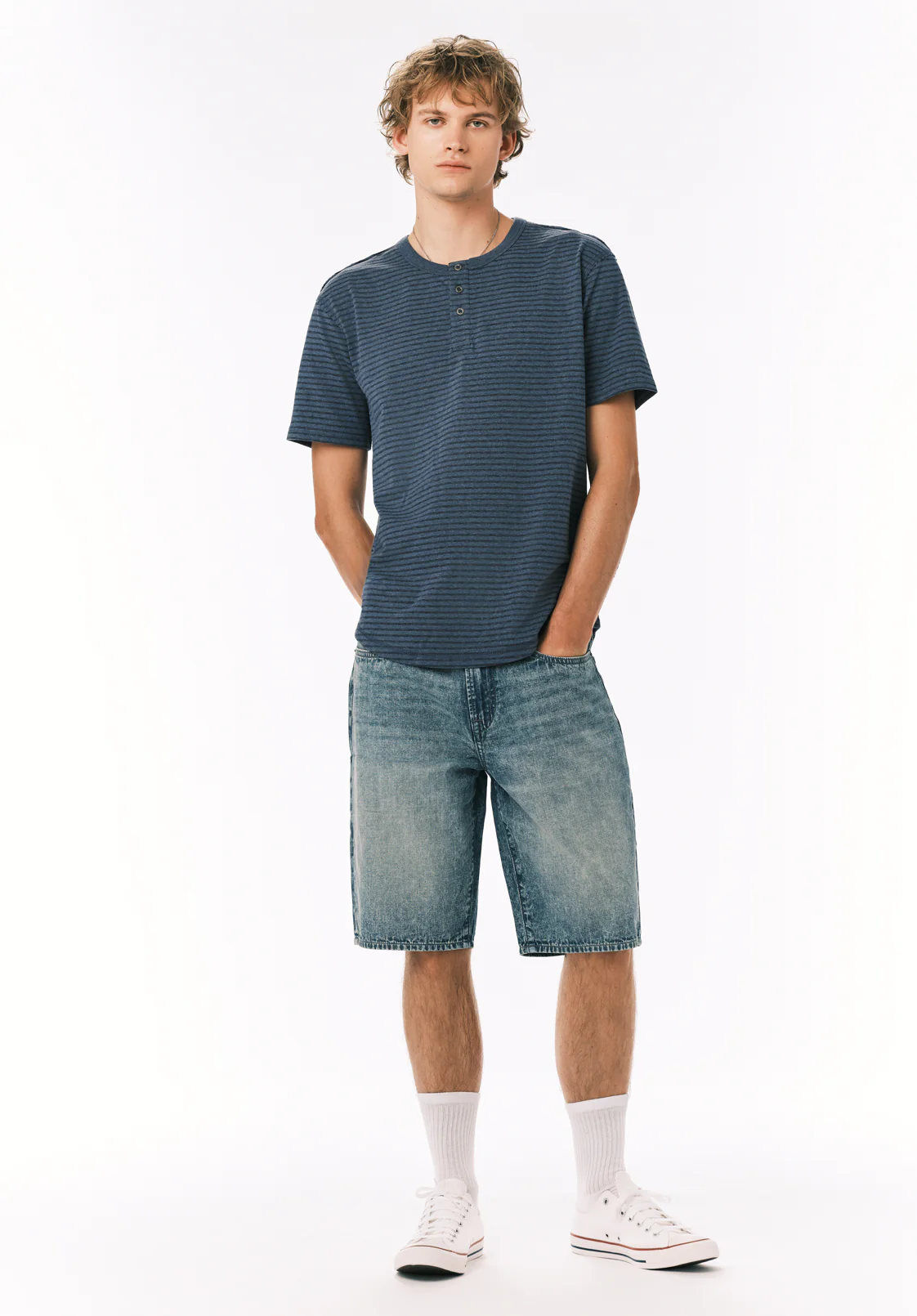 Kehlani Men's Short Sleeve Striped Henley, Vintage Indigo - BM24760