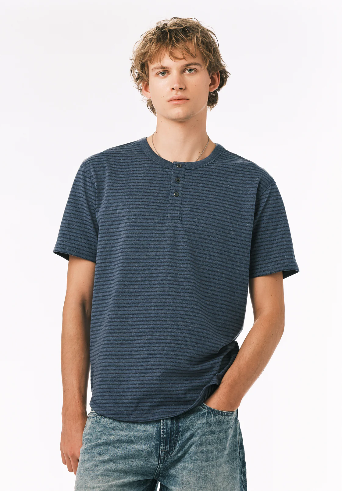 Kehlani Men's Short Sleeve Striped Henley, Vintage Indigo - BM24760 - Image 2