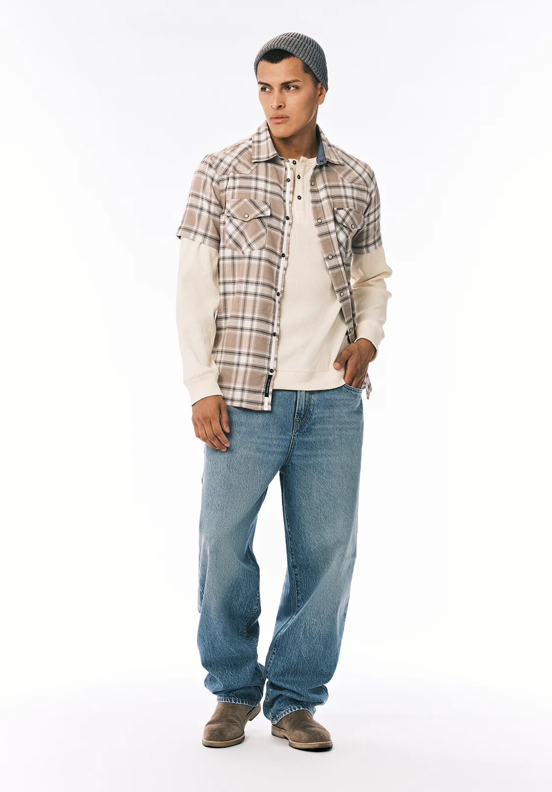 Kendro Men's Long Sleeve Henley, Buttercream - BM24762