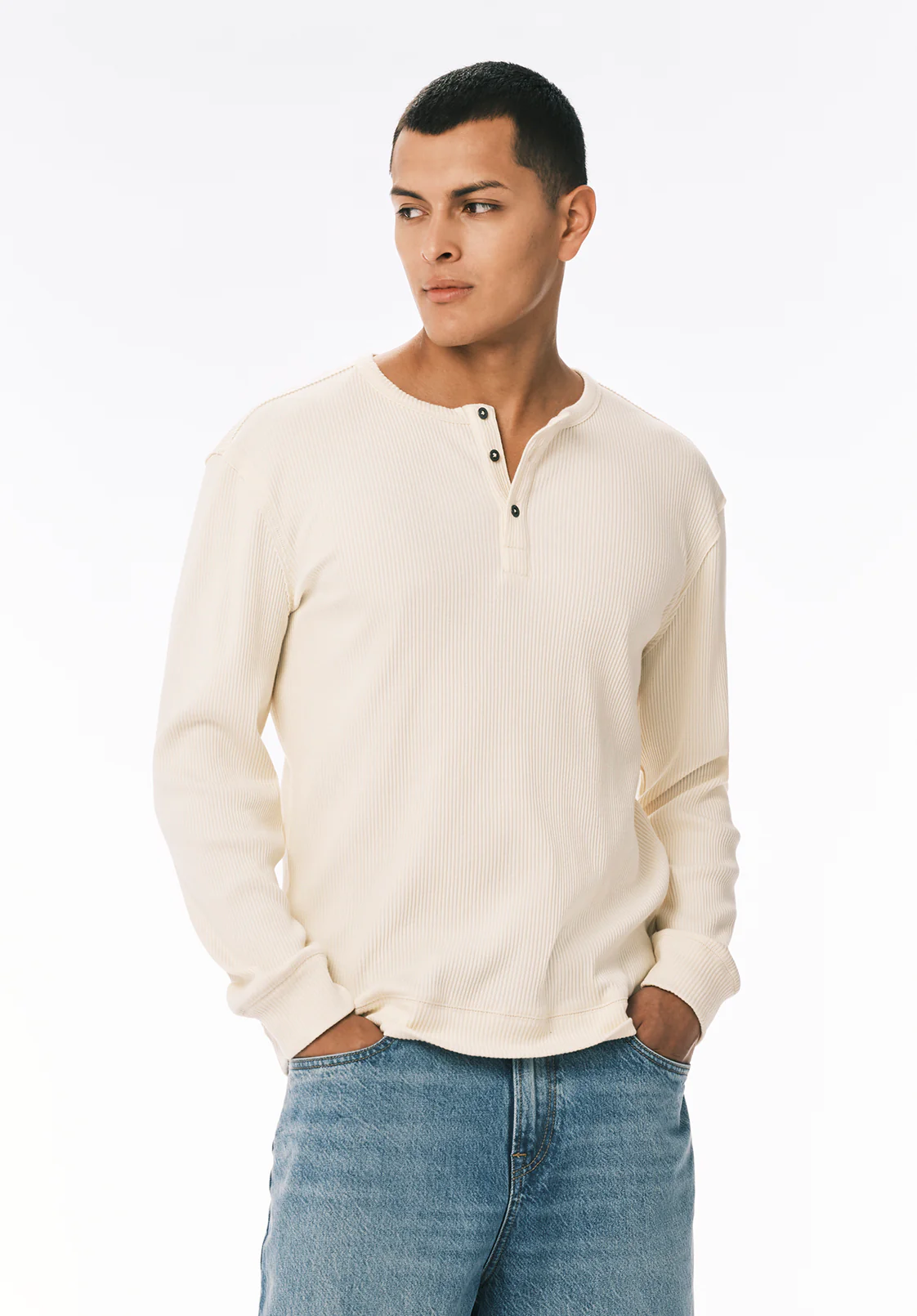 Kendro Men's Long Sleeve Henley, Buttercream - BM24762 - Image 2