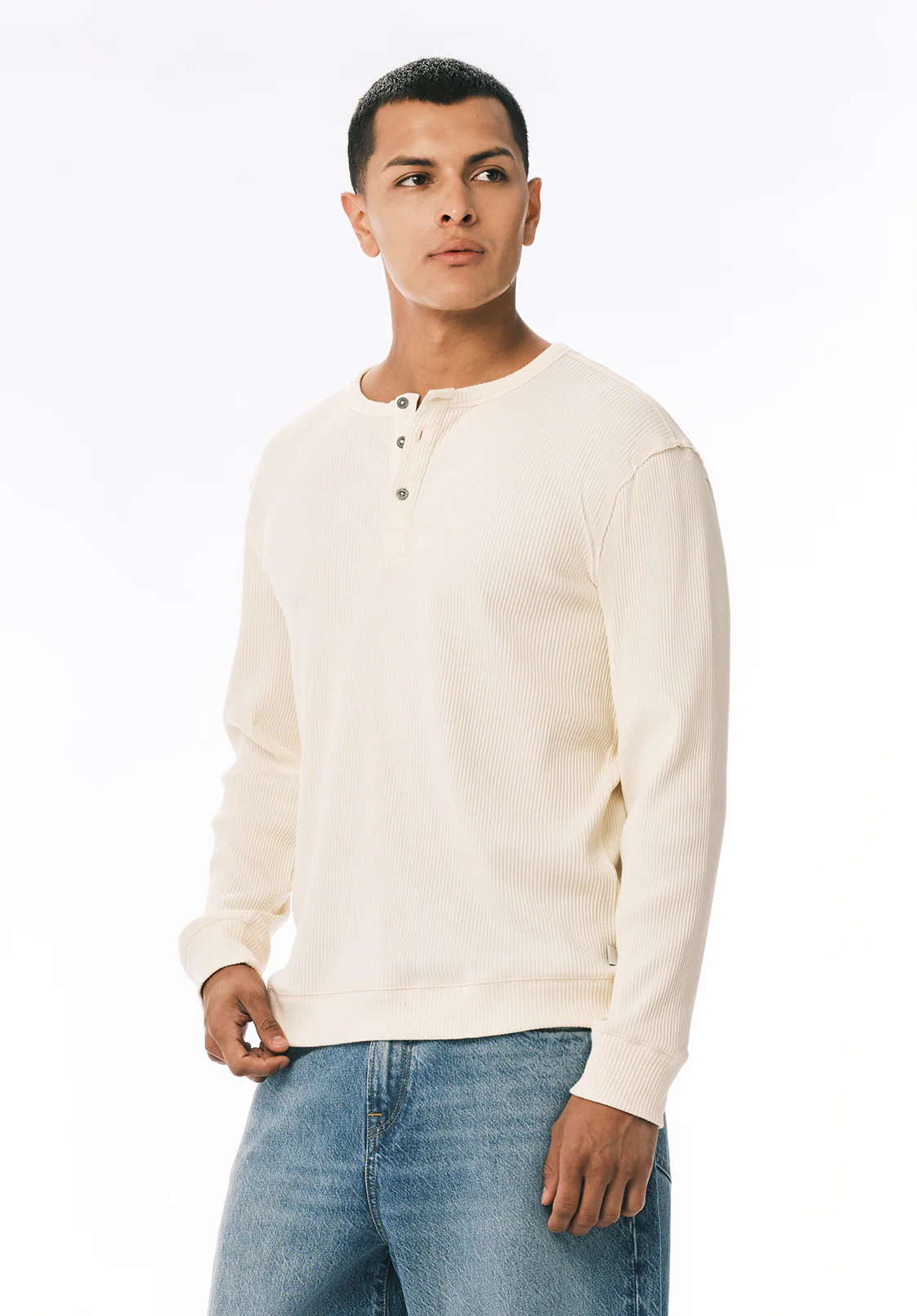 Kendro Men's Long Sleeve Henley, Buttercream - BM24762 - Image 3
