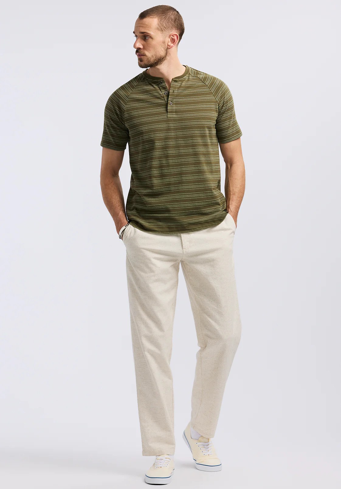 Klaus Men's Short Sleeve Striped Henley, Fern - BM24630