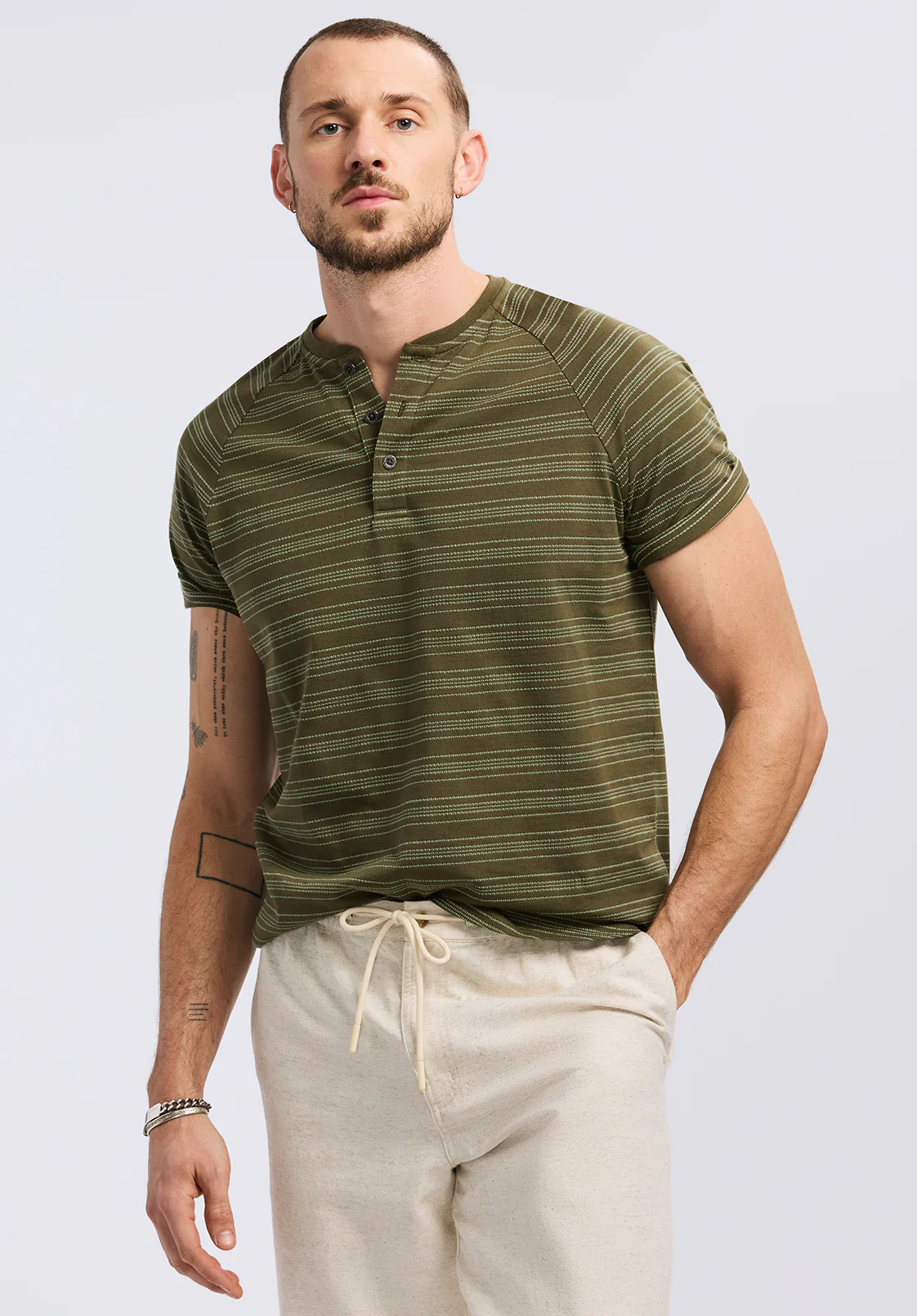 Klaus Men's Short Sleeve Striped Henley, Fern - BM24630 - Image 2