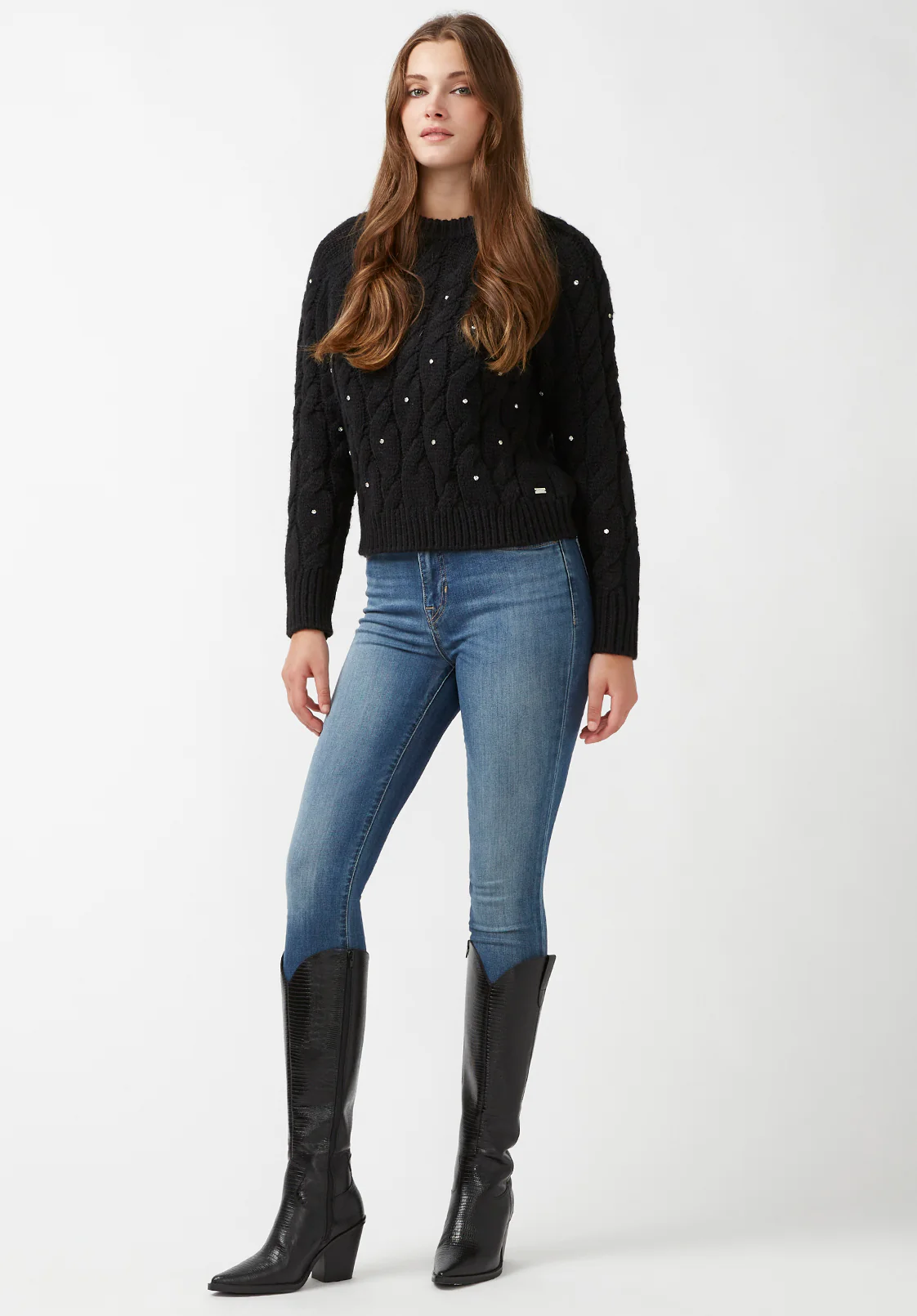 Magari Women's Embellished Cable Knit Sweater, Black - SW0030H