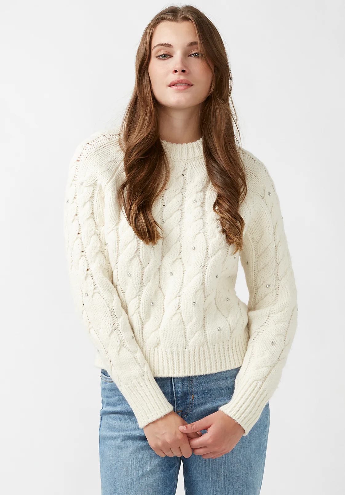 Magari Women's Embellished Cable Knit Sweater, Ivory - SW0030H - Image 2