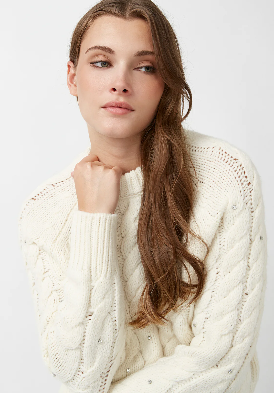 Magari Women's Embellished Cable Knit Sweater, Ivory - SW0030H - Image 5
