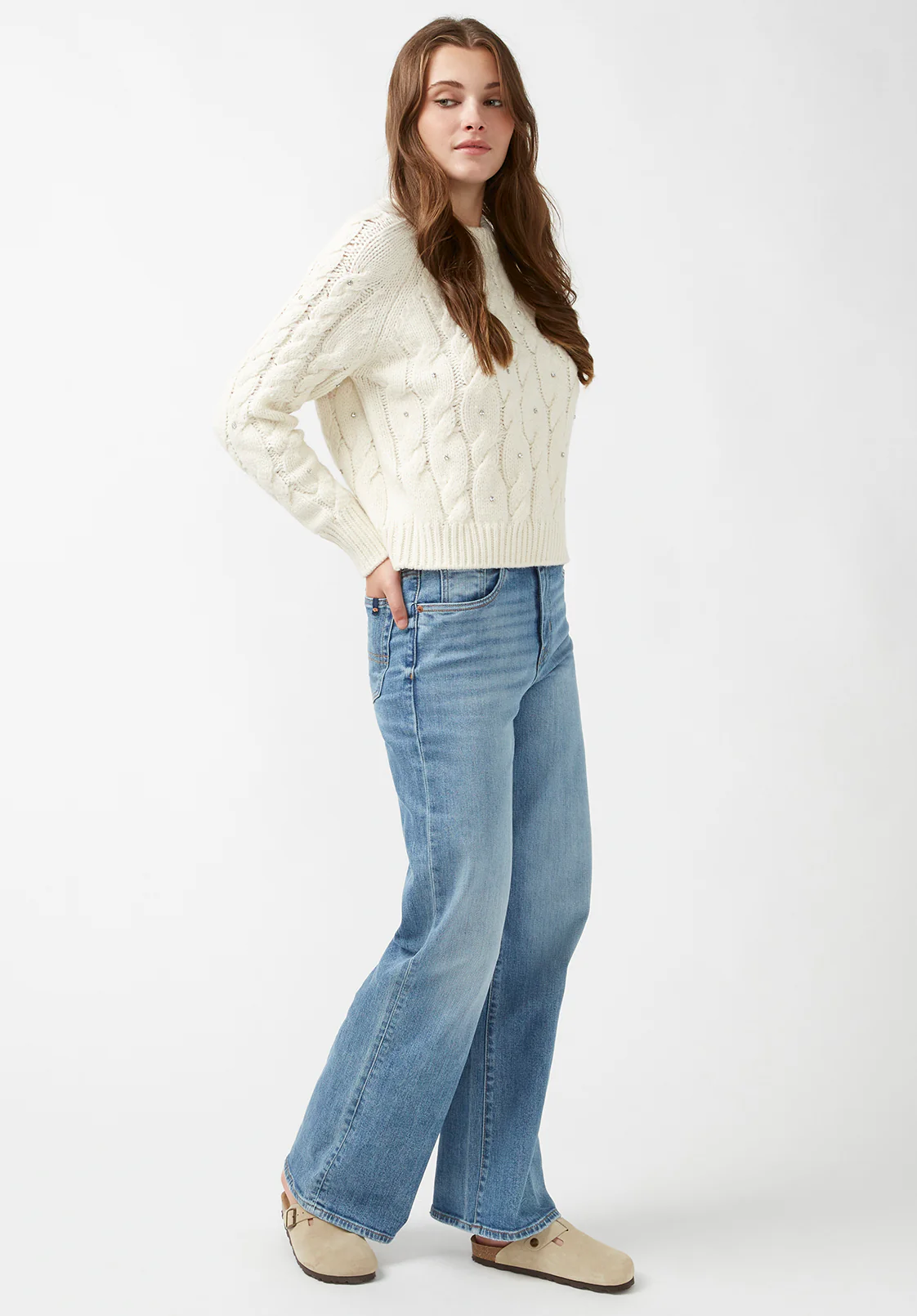 Magari Women's Embellished Cable Knit Sweater, Ivory - SW0030H - Image 6