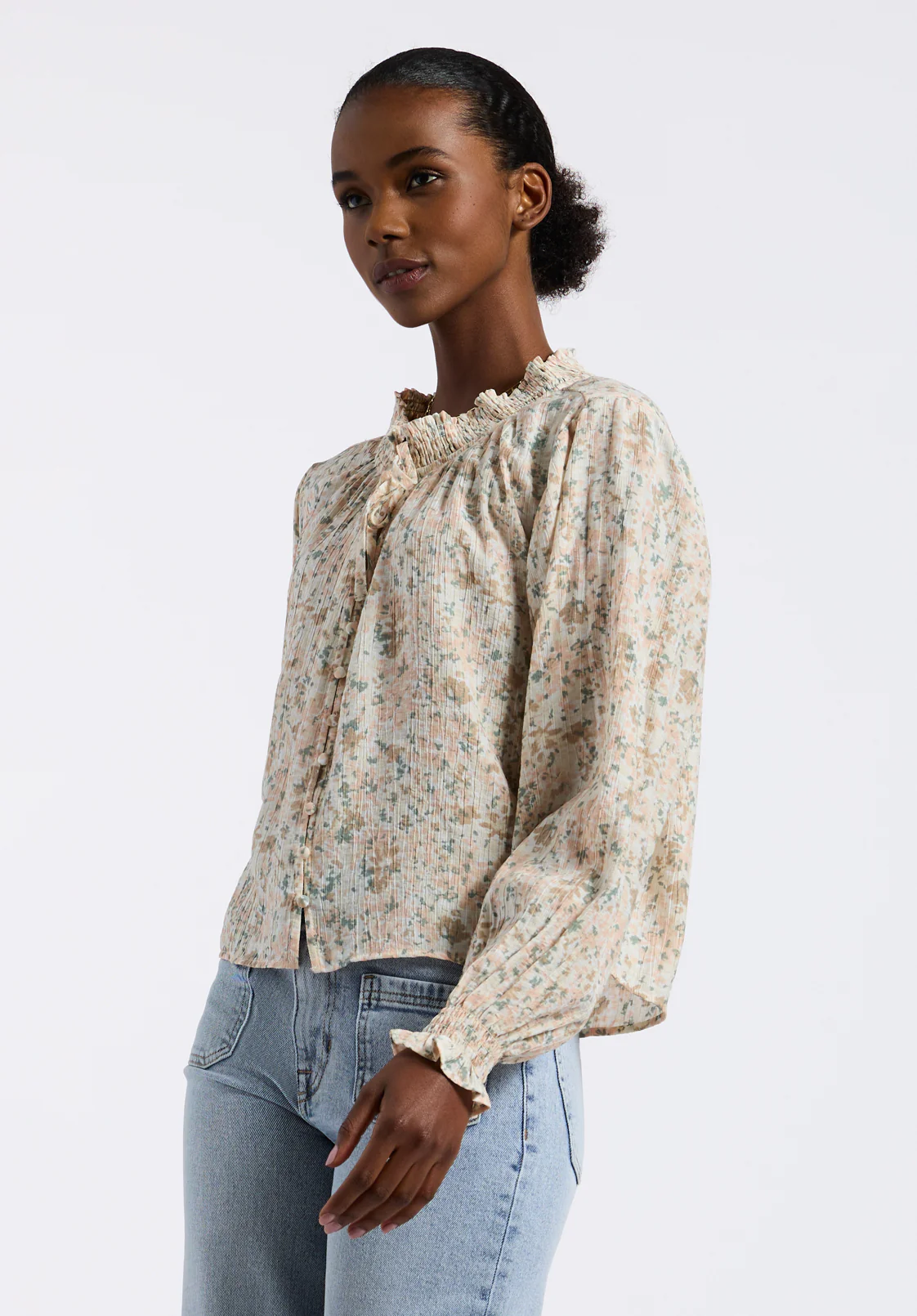 Maylah Women's Floral Print Smocked Blouse, Blurrdlfloraltan - WT0174P - Image 3