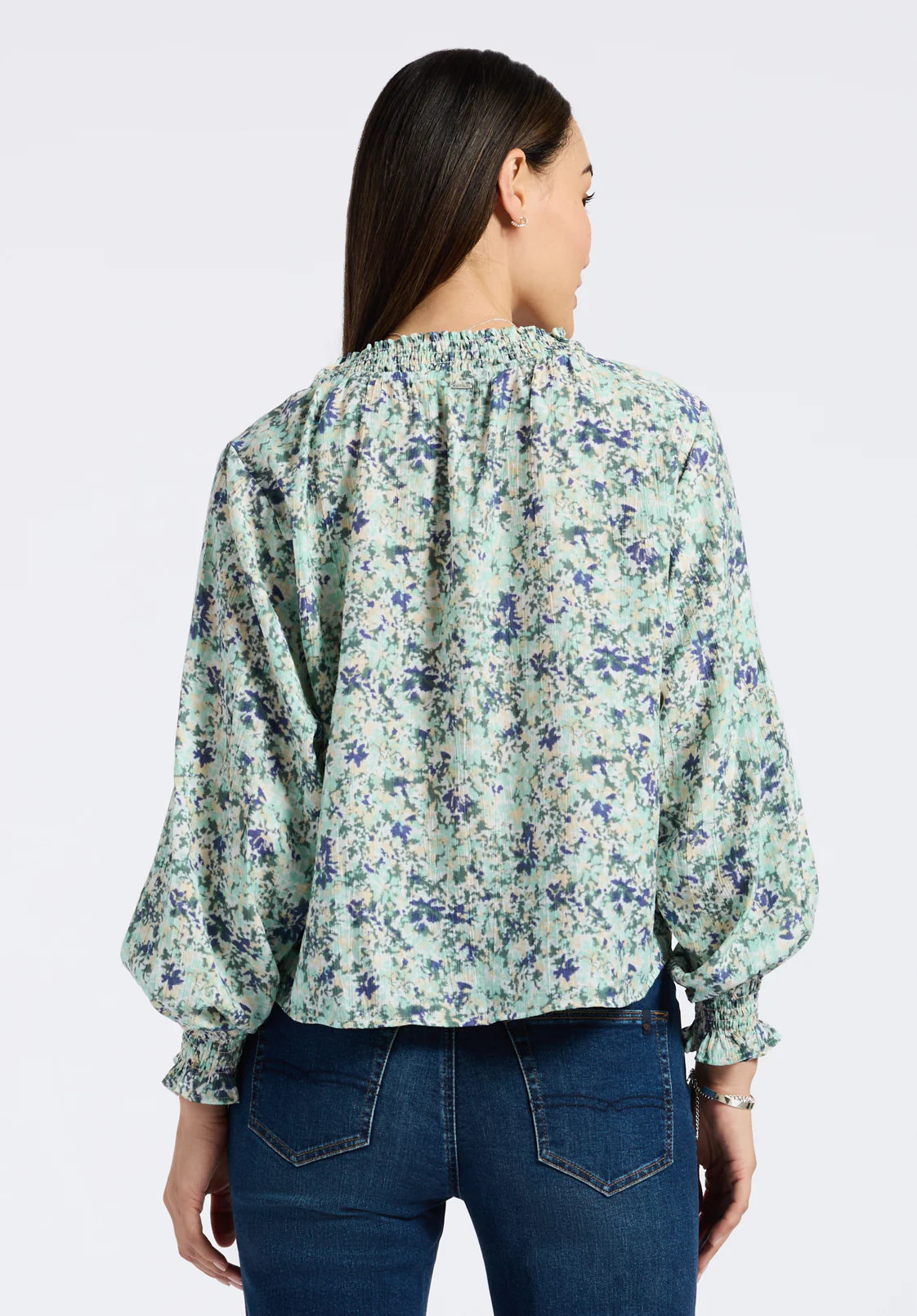 Maylah Women's Floral Print Smocked Blouse, Blurredfloralgr - WT0174P - Image 3