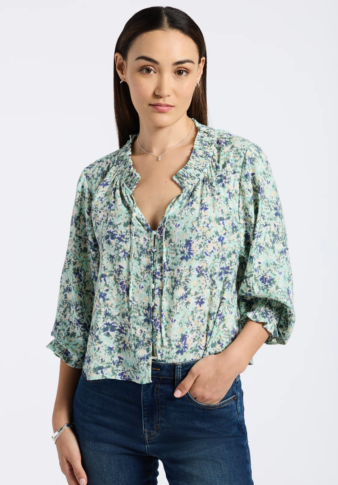 Maylah Women's Floral Print Smocked Blouse, Blurredfloralgr - WT0174P - Image 4