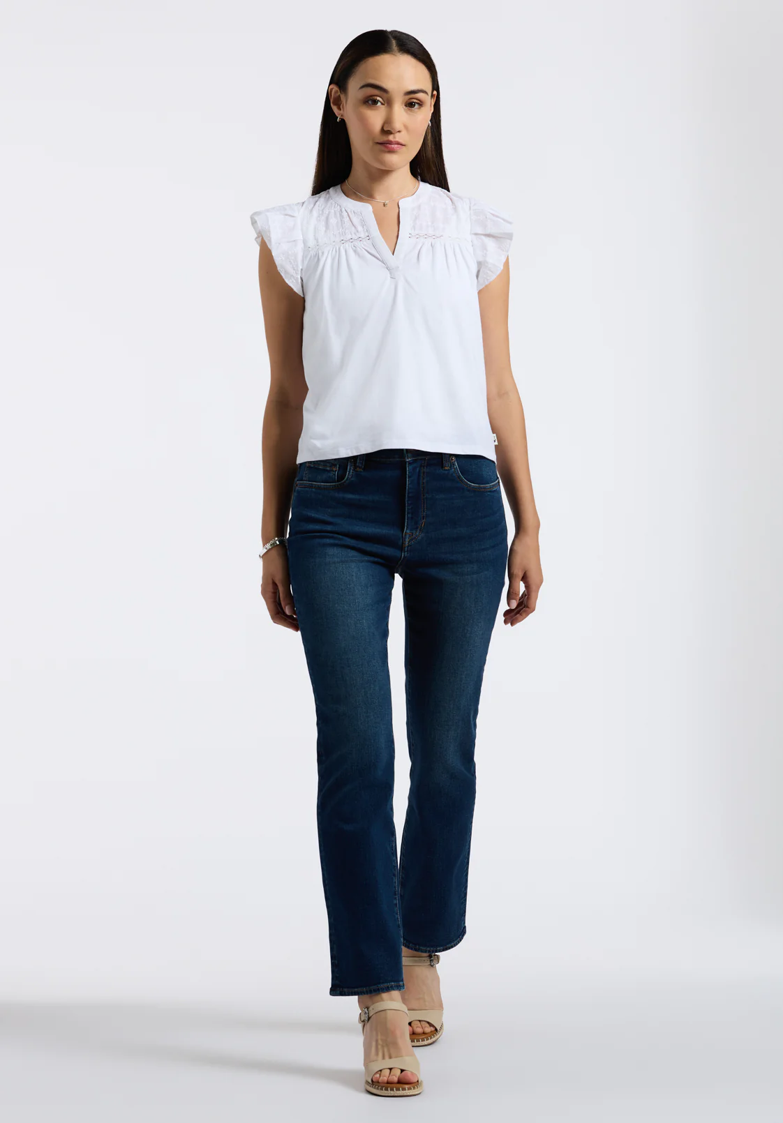 Mckaylie Women's Flutter Sleeve Split Neck Top, White - KT0210P