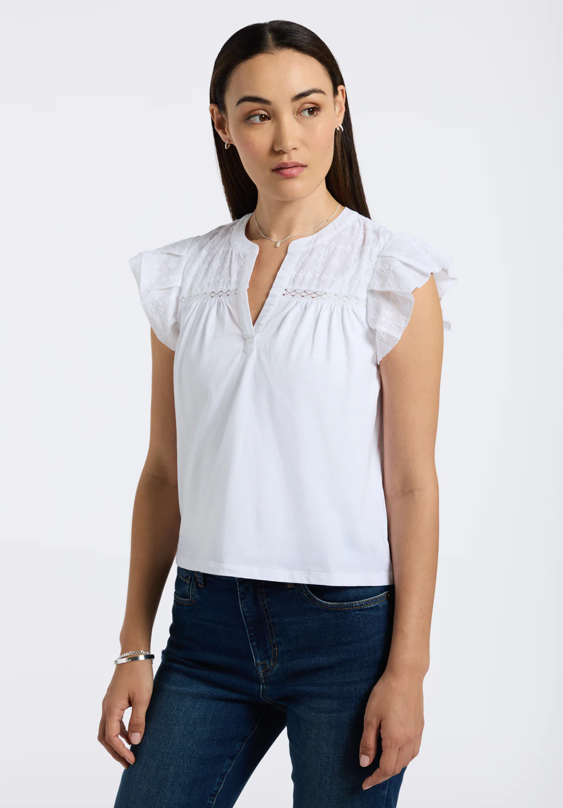 Mckaylie Women's Flutter Sleeve Split Neck Top, White - KT0210P - Image 2
