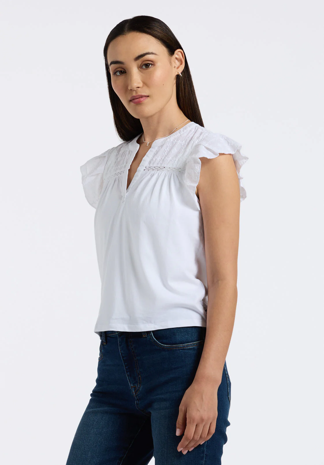 Mckaylie Women's Flutter Sleeve Split Neck Top, White - KT0210P - Image 6