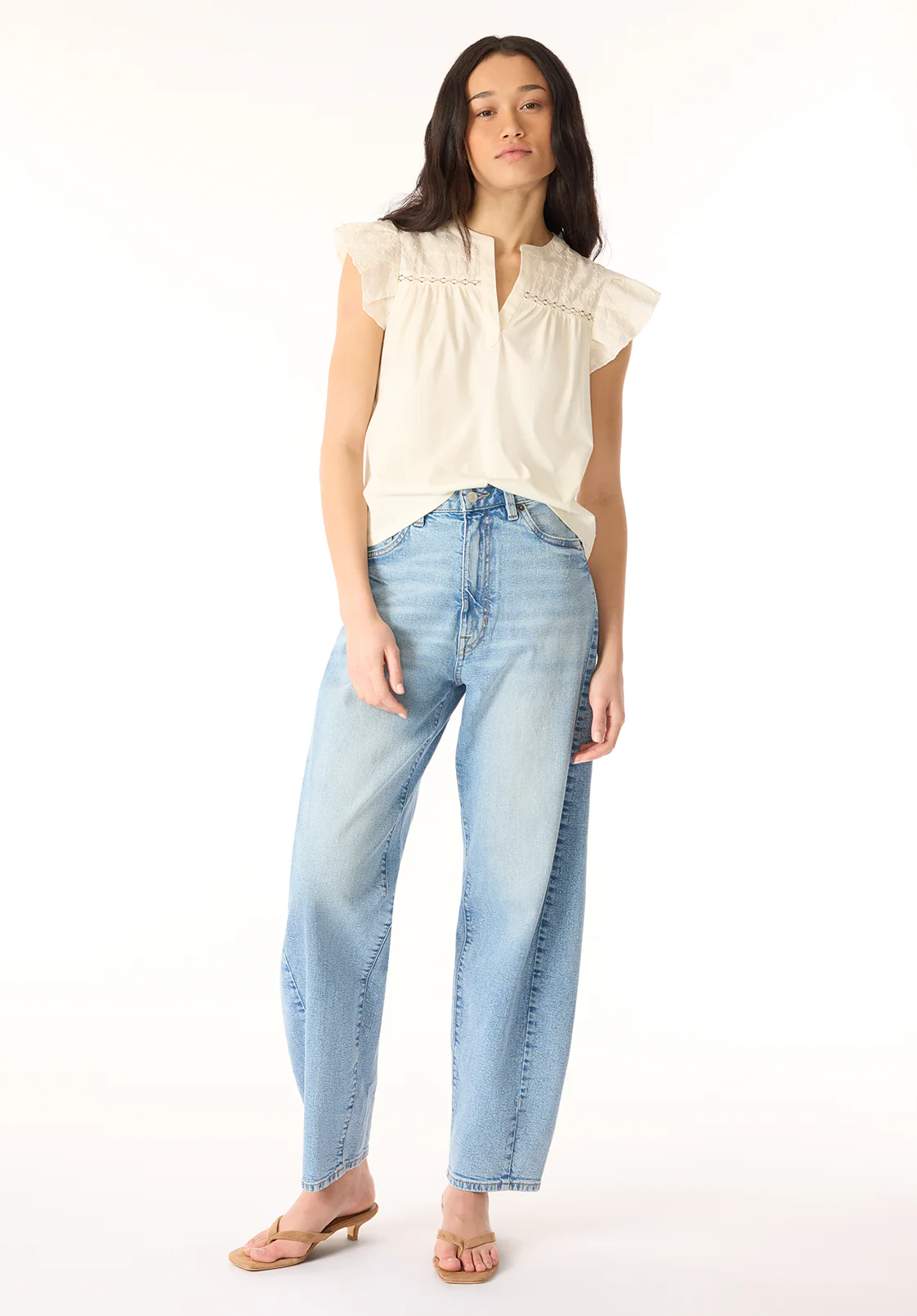 Mckaylie Women's Flutter Sleeve Split Neck Top, Parchment - KT0210P